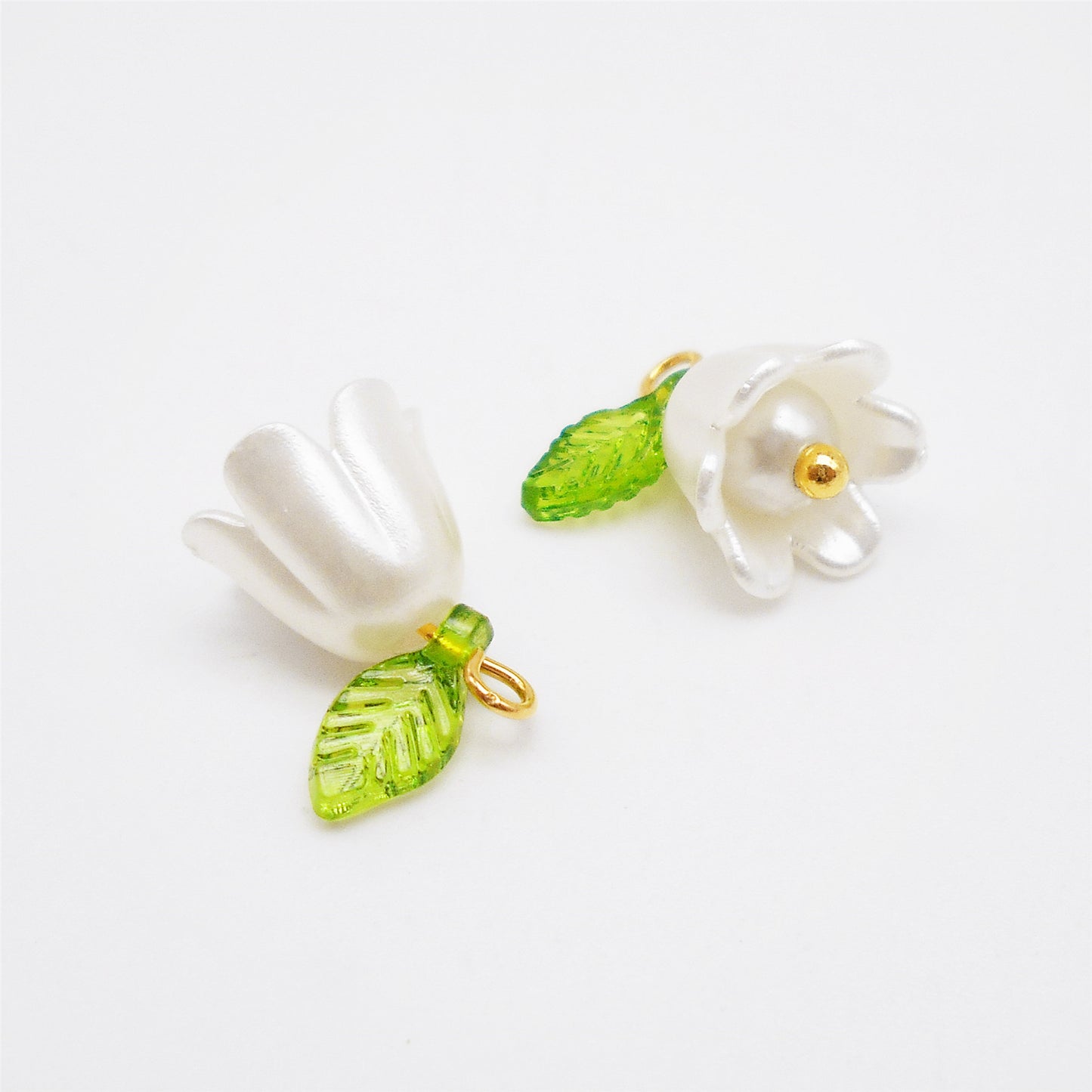 10PCS 14*14mm White Plastic Bell Flower Charms with Green Acrylic Leaf, Handmade Floral Dangles for Pendant Jewelry Making DIY Necklace Bracelet Crafts Supplies
