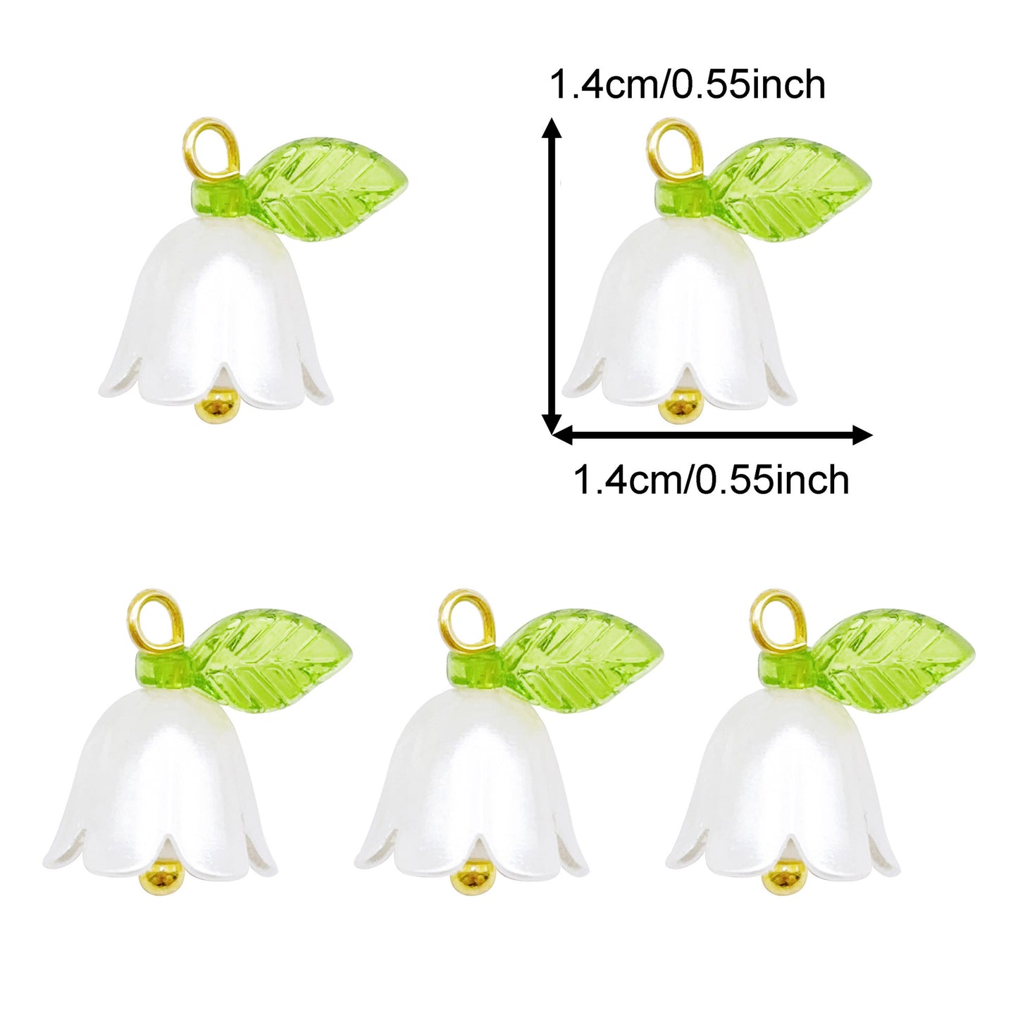 10PCS 14*14mm White Plastic Bell Flower Charms with Green Acrylic Leaf, Handmade Floral Dangles for Pendant Jewelry Making DIY Necklace Bracelet Crafts Supplies