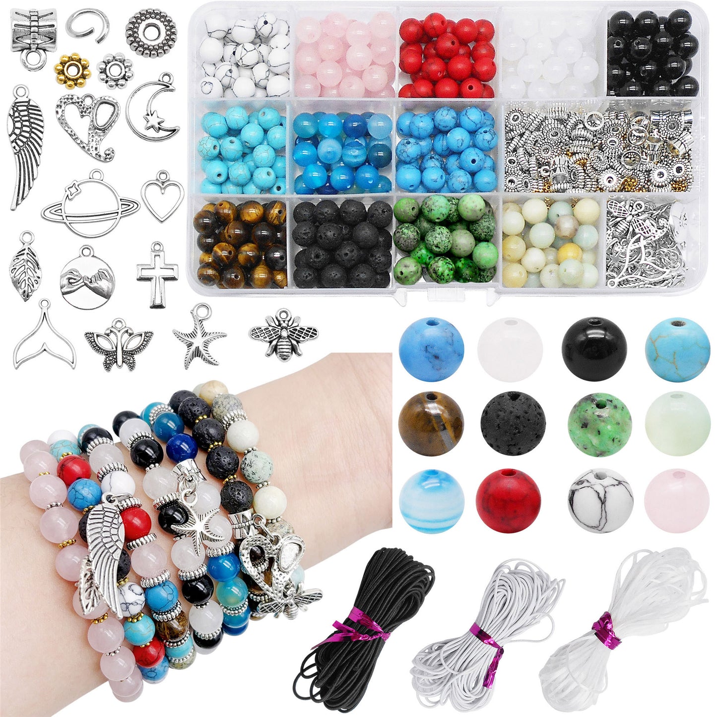 1 Box of 674 PCS Jewelry Making Set with Natural Stone Beads & Silver Charms, DIY Necklace Bracelet Supplies included Jumping Rings, Elastic Cords, Spacer Beads | Craft Gift for Friend