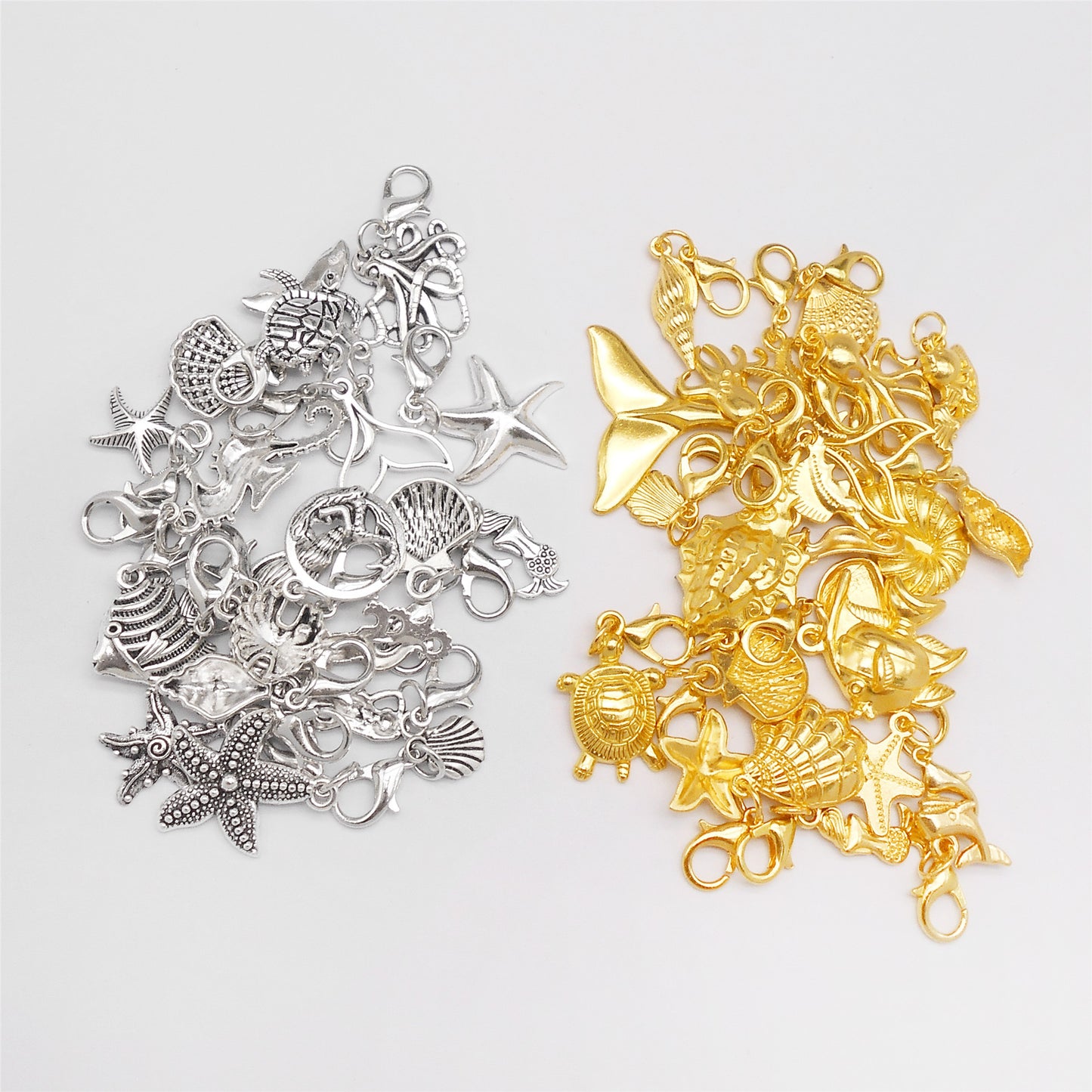 20PCS 10-45mm Alloy Sea Animal Marine Life Pendants with Lobster Clasp Gold&Silver Color Shoe Charms Keyring Dangle Bags Purses Clothes Hanging Decor DIY Crafts Supplies