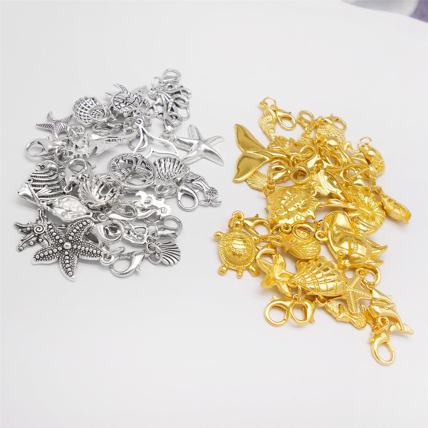 20PCS 10-45mm Alloy Sea Animal Marine Life Pendants with Lobster Clasp Gold&Silver Color Shoe Charms Keyring Dangle Bags Purses Clothes Hanging Decor DIY Crafts Supplies