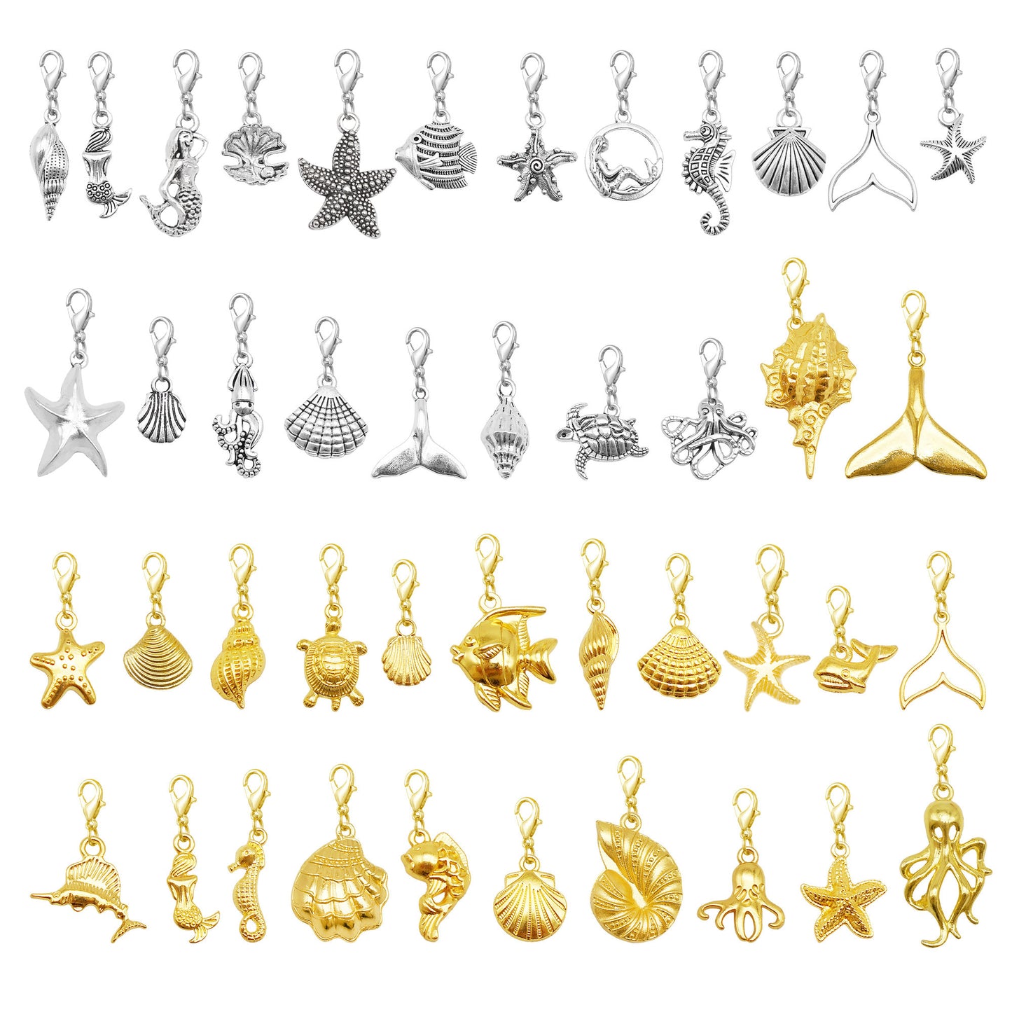 20PCS 10-45mm Alloy Sea Animal Marine Life Pendants with Lobster Clasp Gold&Silver Color Shoe Charms Keyring Dangle Bags Purses Clothes Hanging Decor DIY Crafts Supplies