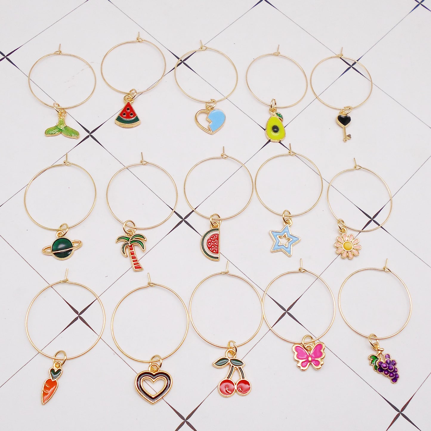 30pcs Mixed Gold Tone Alloy Rings Wine Glass Charms with Enamel Dangle for Weddings Parties Celebrations Wine Cups Goblet Decor