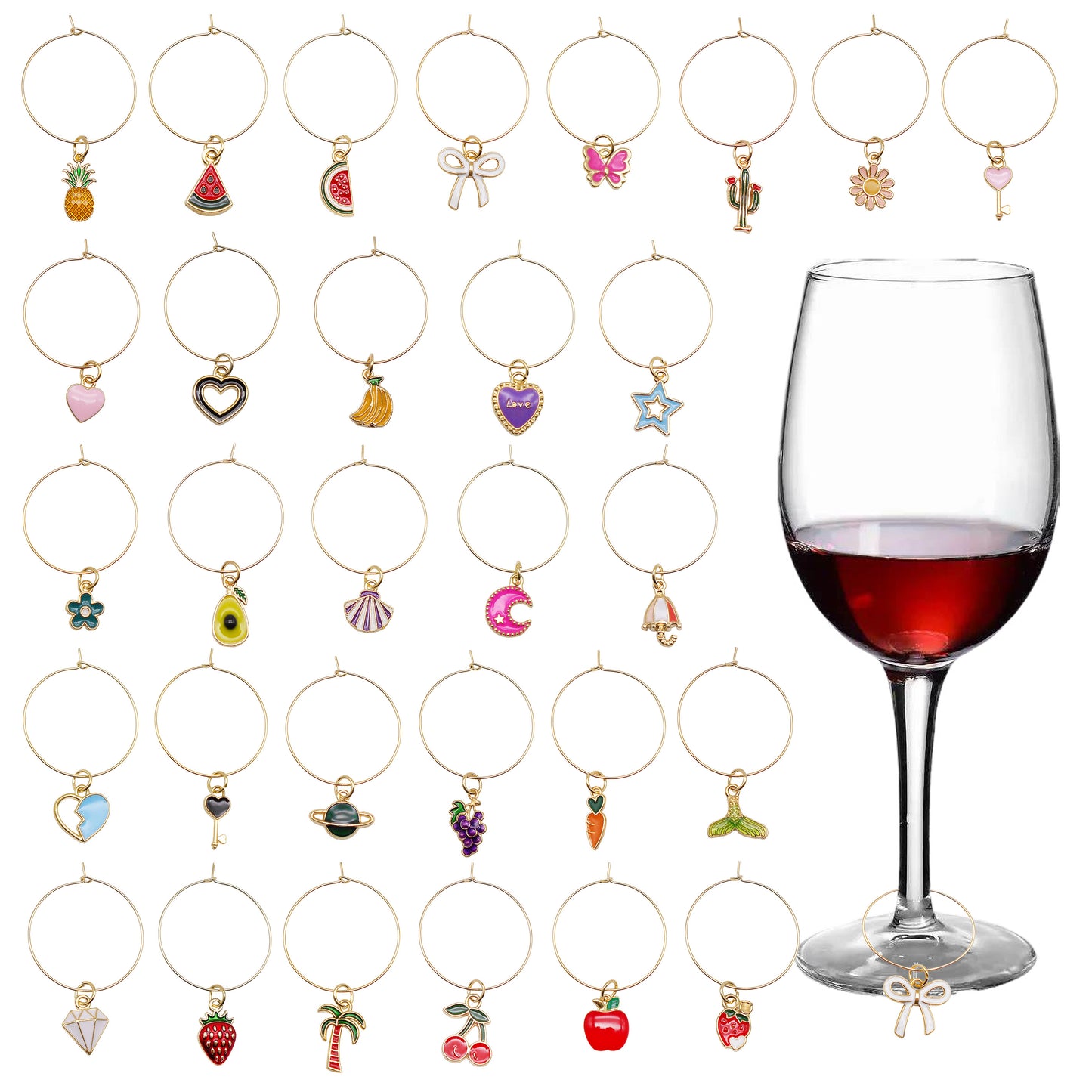 30pcs Mixed Gold Tone Alloy Rings Wine Glass Charms with Enamel Dangle for Weddings Parties Celebrations Wine Cups Goblet Decor