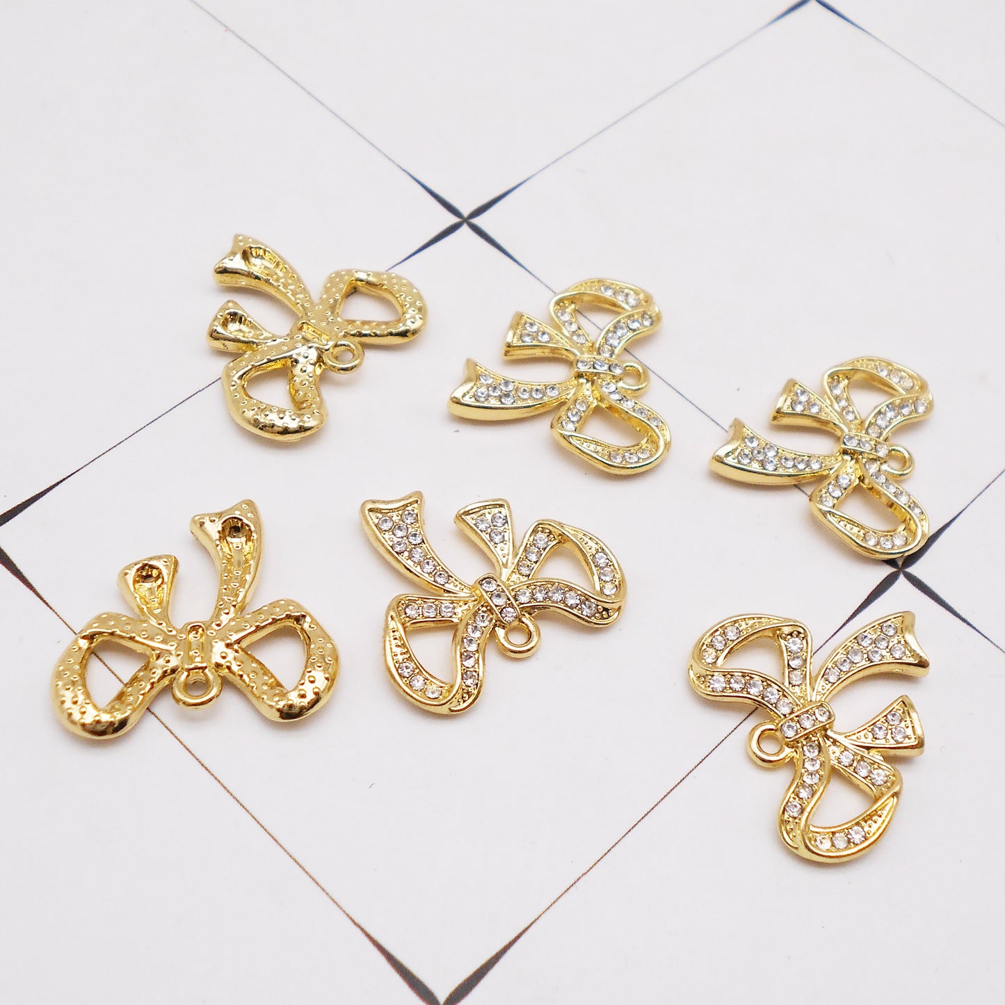 1pc 22*23mm Gold Tone Alloy Bow Charms Rhinestones Embellished Bowknot Pendants for Necklace Bracelet Earring Making Accessories DIY Crafts Supplies