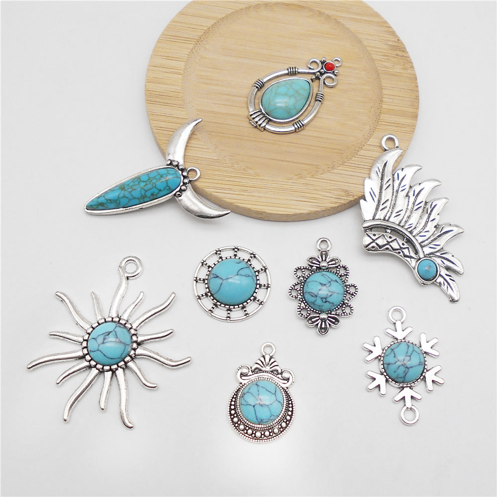 8pcs Handmade Metal Alloy Charms Blue Turquoise Embellished Retro Silver Color Pendants for DIY Crafts Jewelry Making Accessories