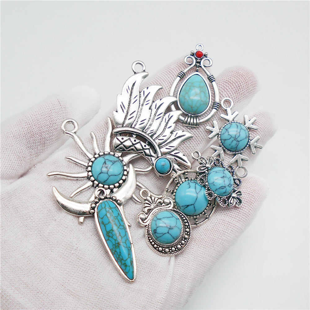 8pcs Handmade Metal Alloy Charms Blue Turquoise Embellished Retro Silver Color Pendants for DIY Crafts Jewelry Making Accessories