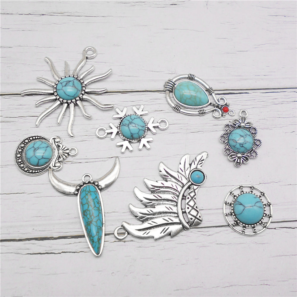 8pcs Handmade Metal Alloy Charms Blue Turquoise Embellished Retro Silver Color Pendants for DIY Crafts Jewelry Making Accessories
