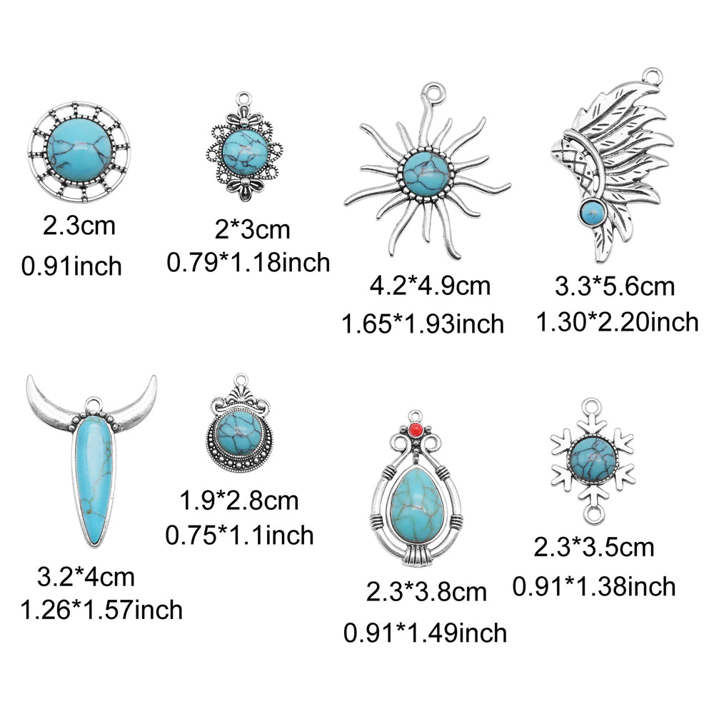 8pcs Handmade Metal Alloy Charms Blue Turquoise Embellished Retro Silver Color Pendants for DIY Crafts Jewelry Making Accessories