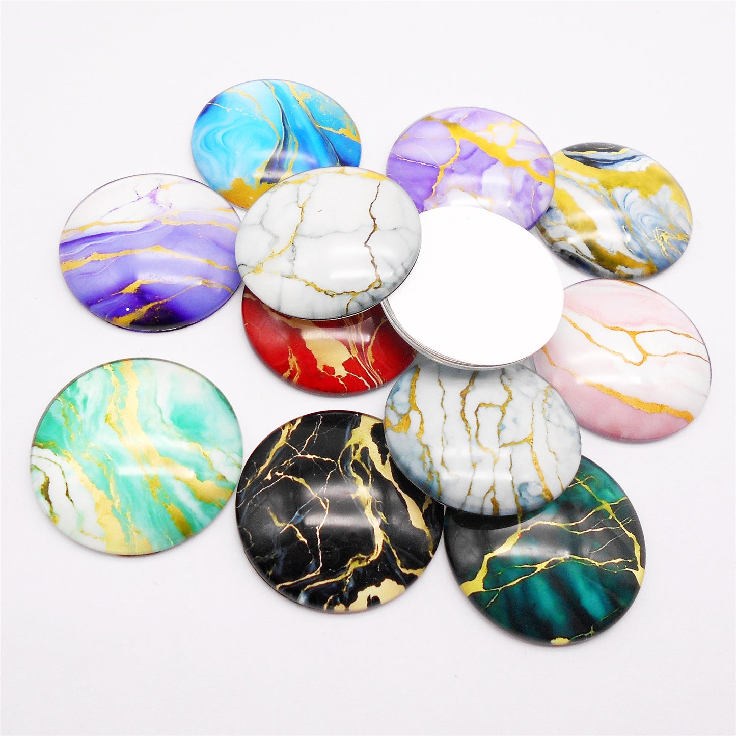 12pcs Round Marble Pattern Cabochons 3D Flat Back Glass Embellishment Time Gem Jewelry Making Accessories DIY Craft Decor 10/12/15/18/20/25/30mm