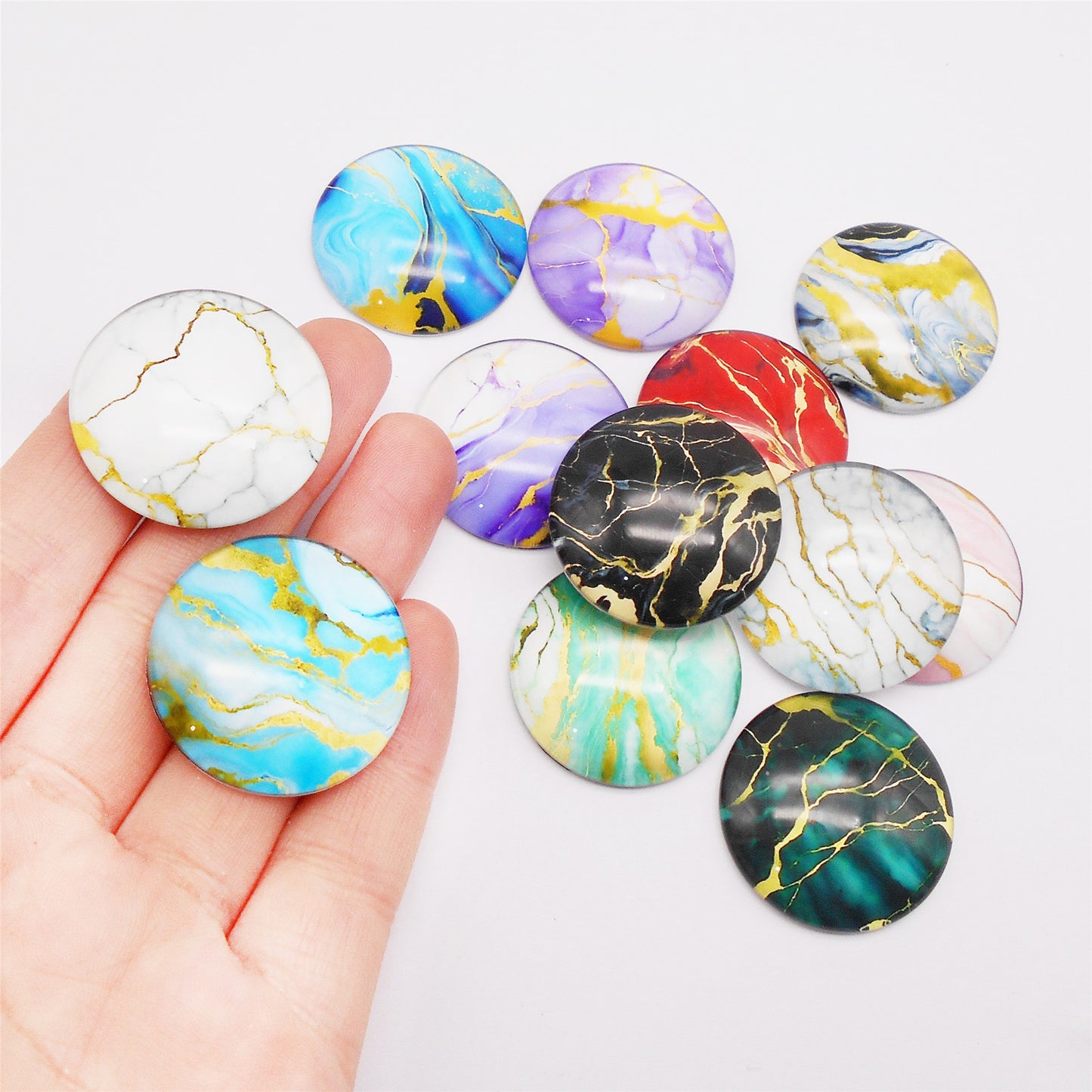 12pcs Round Marble Pattern Cabochons 3D Flat Back Glass Embellishment Time Gem Jewelry Making Accessories DIY Craft Decor 10/12/15/18/20/25/30mm