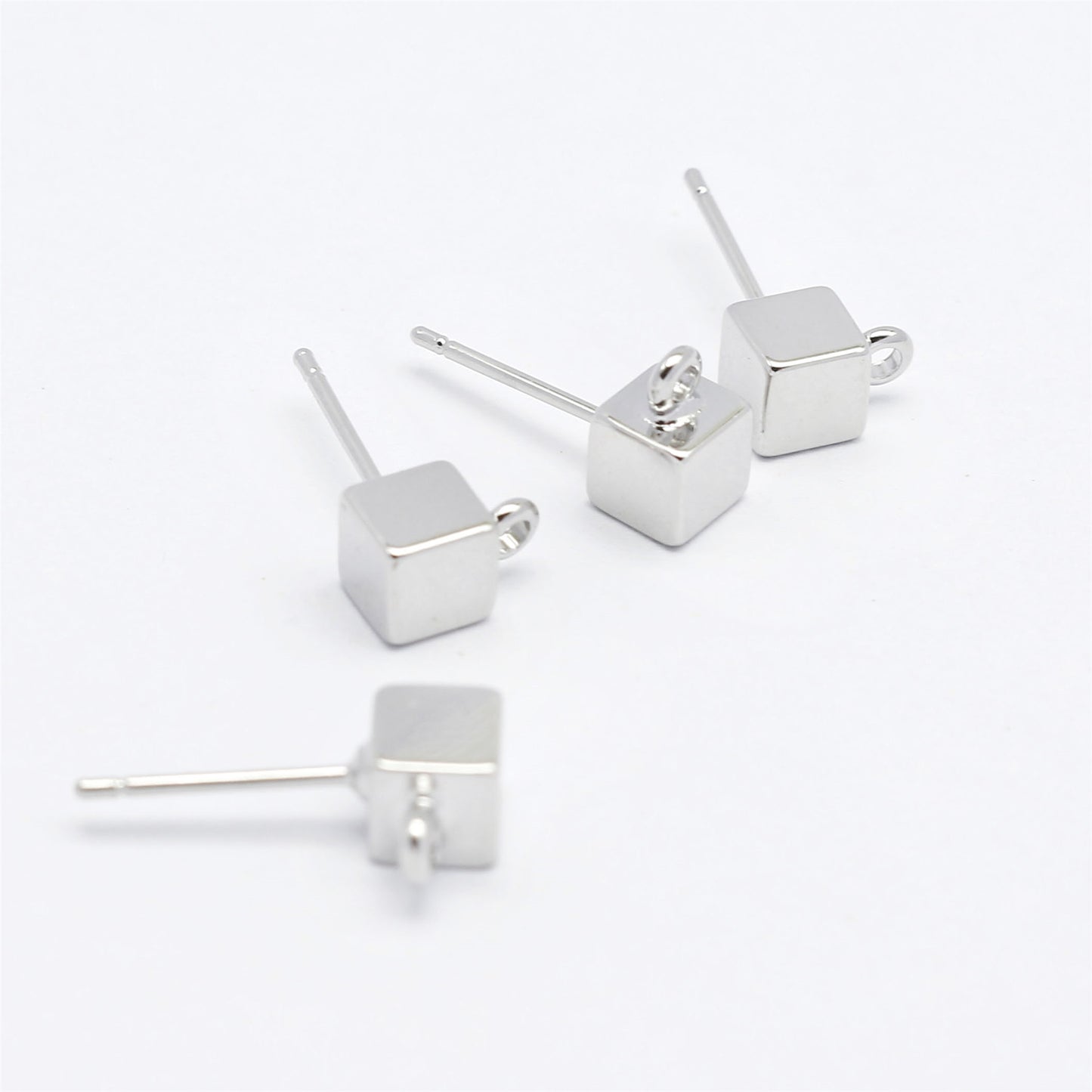 1 Pair 16x5mm Silver Copper Post Earrings Cube Head Ear Stud with Loop for Dangling Charms, Minimalist Designed Hypoallergenic Earring Piercing Jewelry