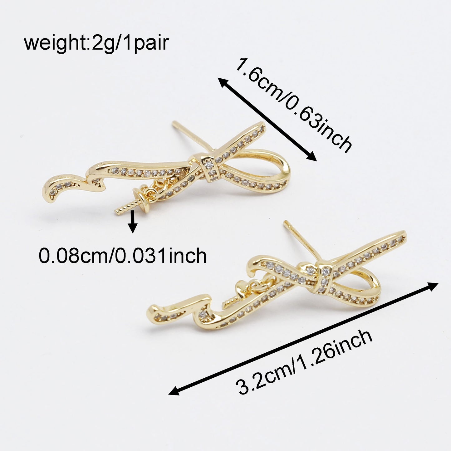 1 Pair 32*16mm Quality Gold Plated Copper Bow Ear Posts Crystal Rhinestones Embellished Bowknot Stud Earrings Chic Hypoallergenic Ear Piercing Jewelry for Ladies