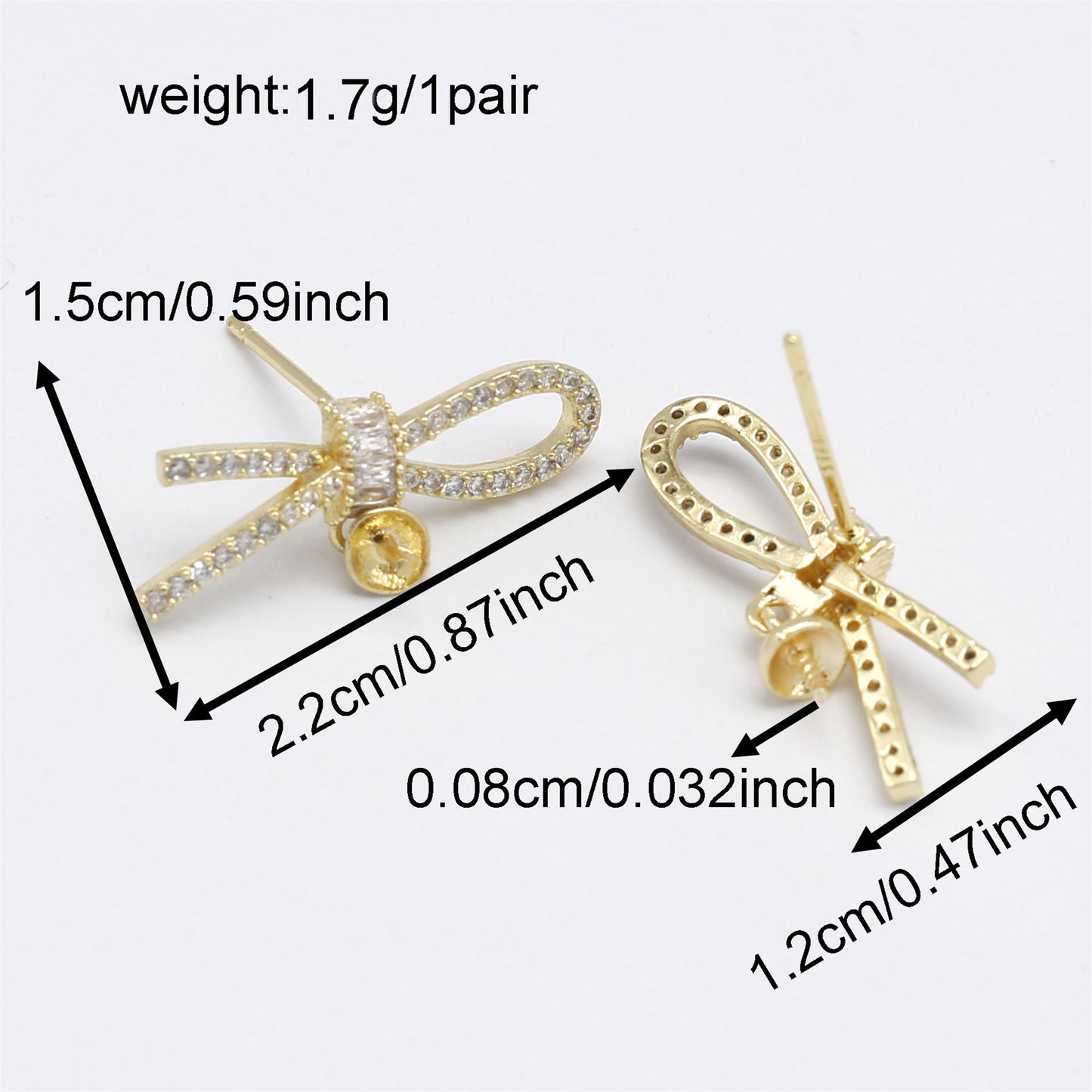 1 Pair 22*12mm Gold Color Bow Stud Earrings with Rhinestones Crystal Bowknot Ear Post Hypoallergenic Earring Piercing Jewelry for Women