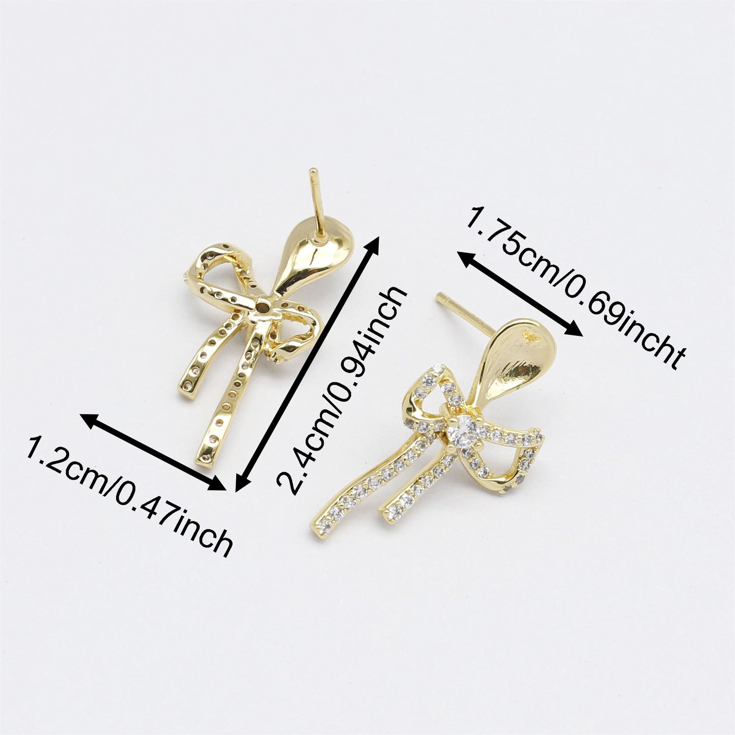 1 Pair 24*12mm Gold Color Brass Bow Ear Post with Rhinestones Crystal Embellished Bowknot Stud Earrings Hypoallergenic Earring Decoration