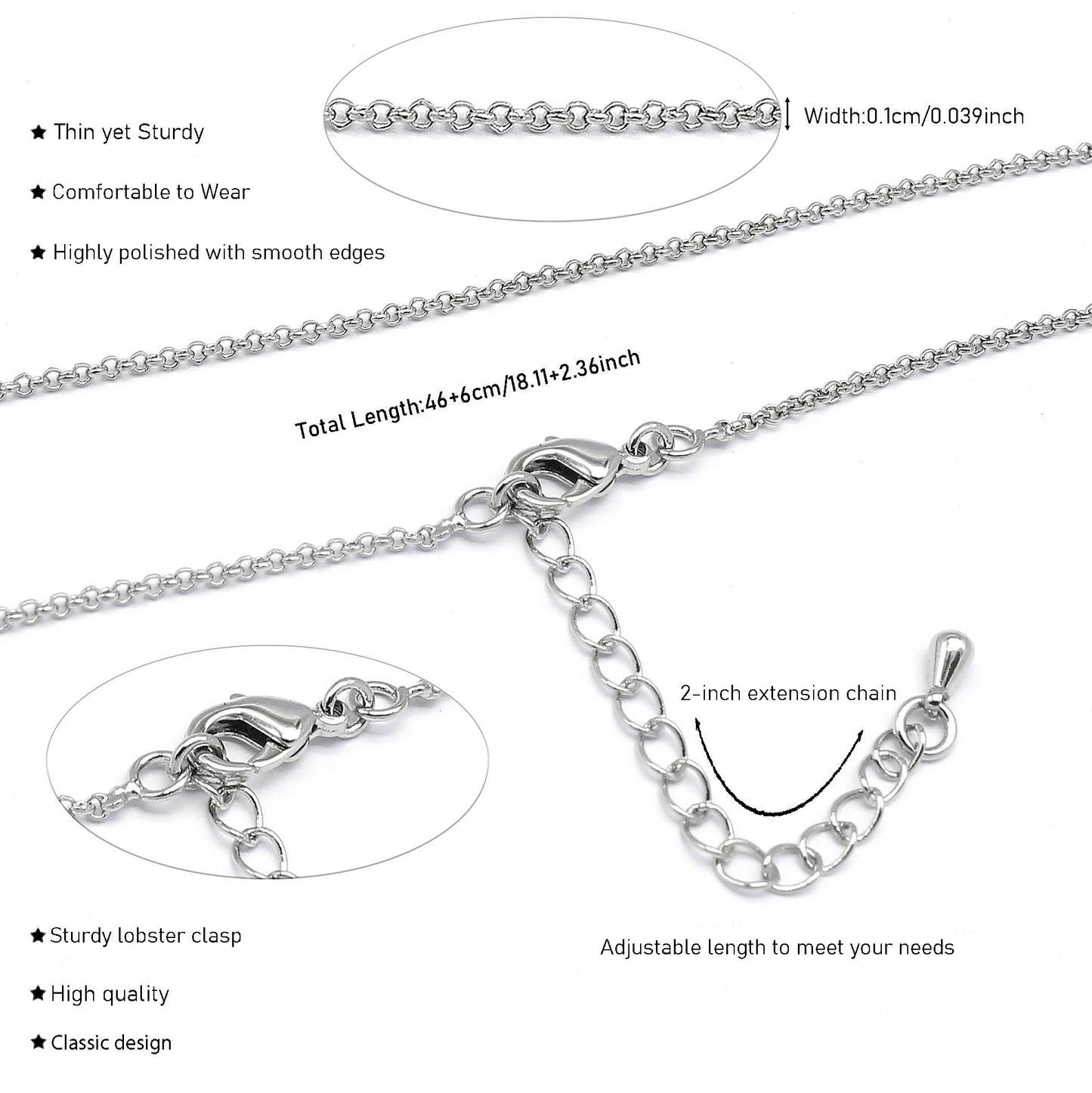 1 Piece 46cm Quality Plated Gold&Silver Color Copper Interlocking Ring Necklace Chain with 6cm Extension Chain for Jewelry Making