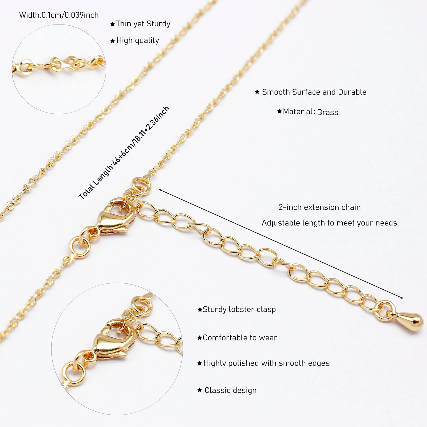 1 Piece 46cm Quality Plated Gold&Silver Color Copper Interlocking Ring Necklace Chain with 6cm Extension Chain for Jewelry Making