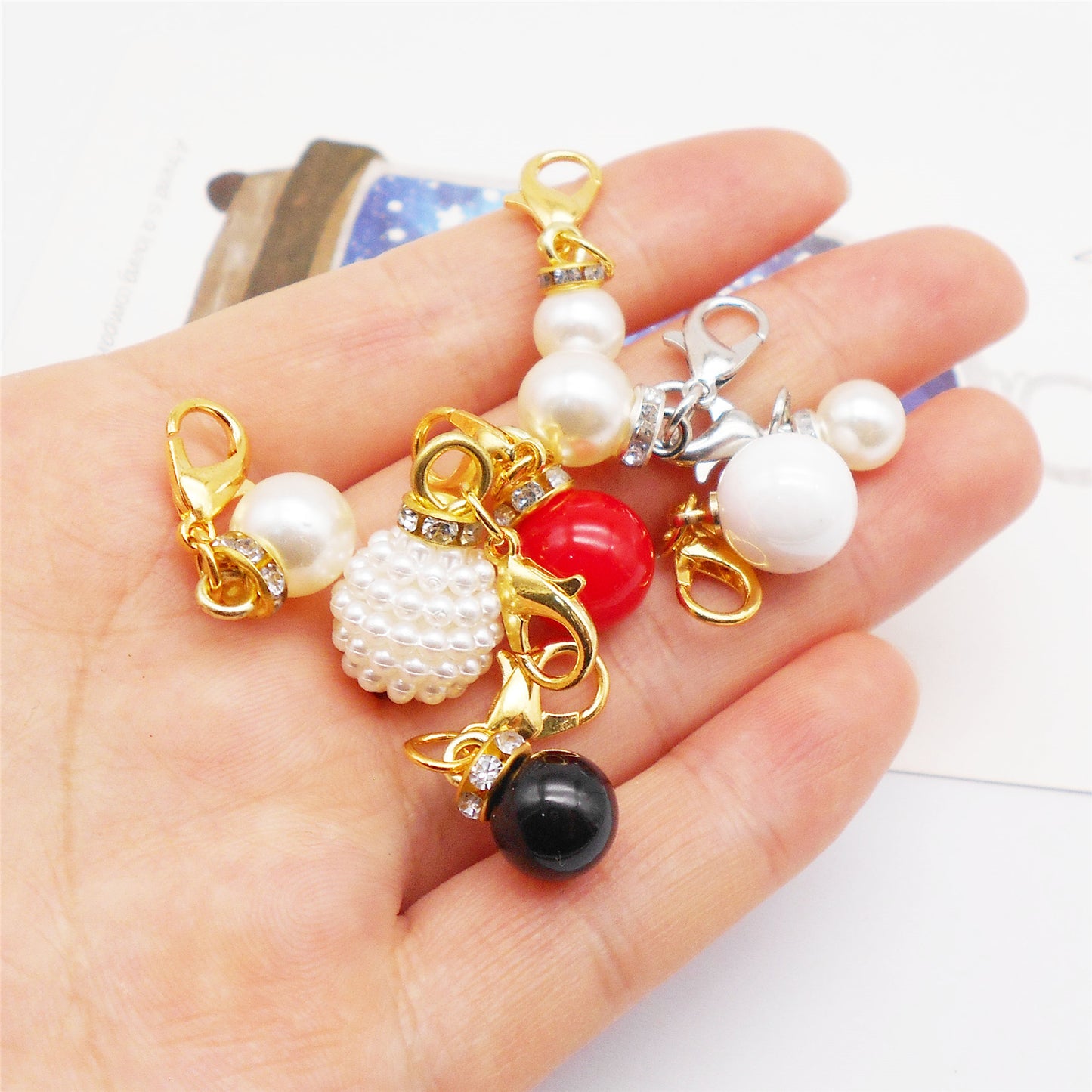 1 Piece Handmade Faux Pearl Pendant with Crystal Rhinestones Multi-color Shoes Charms Hat Bag Hanging Decor Keychains Dangle