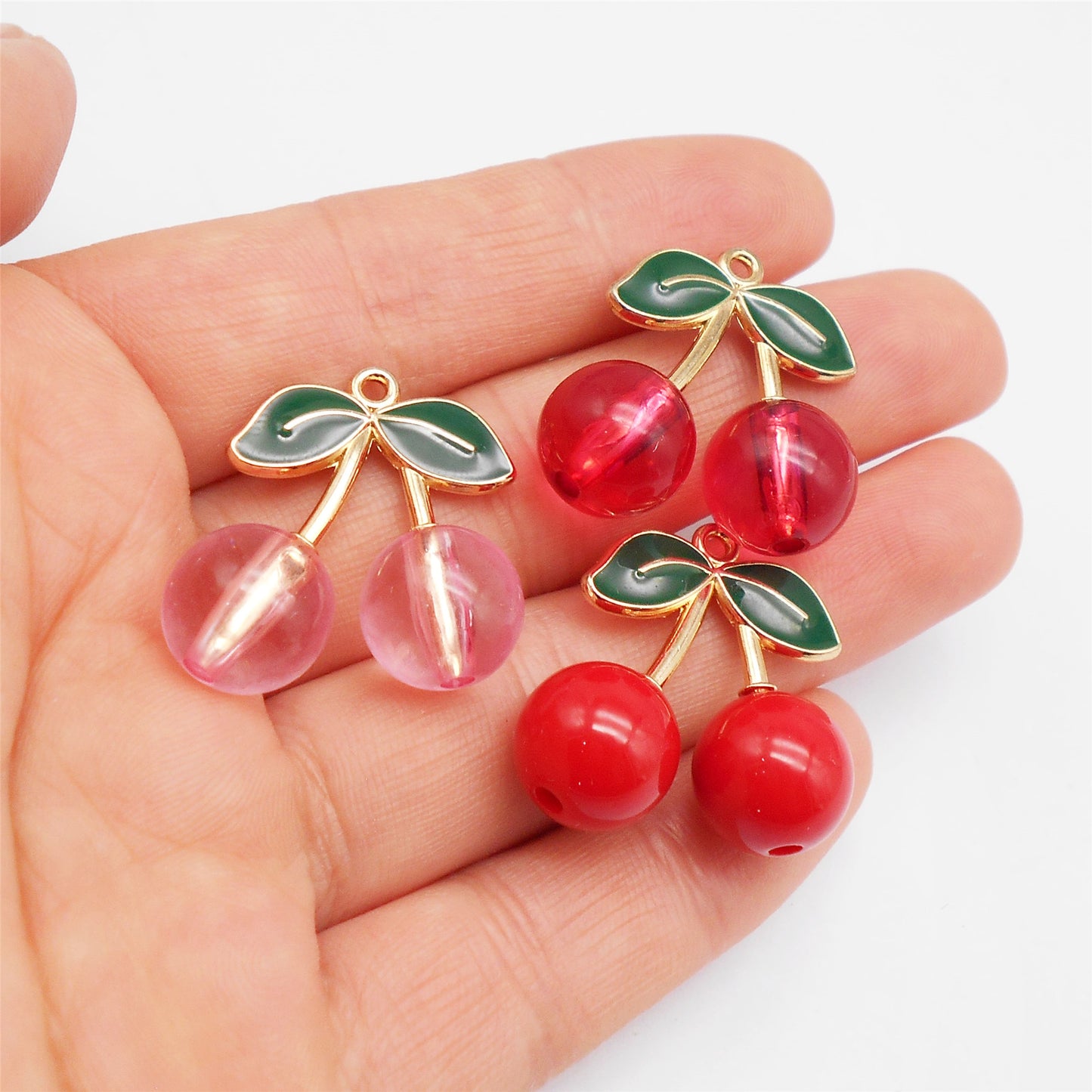6pcs 25*25mm Acrylic Cherry Charms with Alloy Enamel Leaf 3D Fruit Pendants Fashion Jewelry Accessories for Necklace Bracelet Earring Making Keychains Shoes Bags Crafts Decor