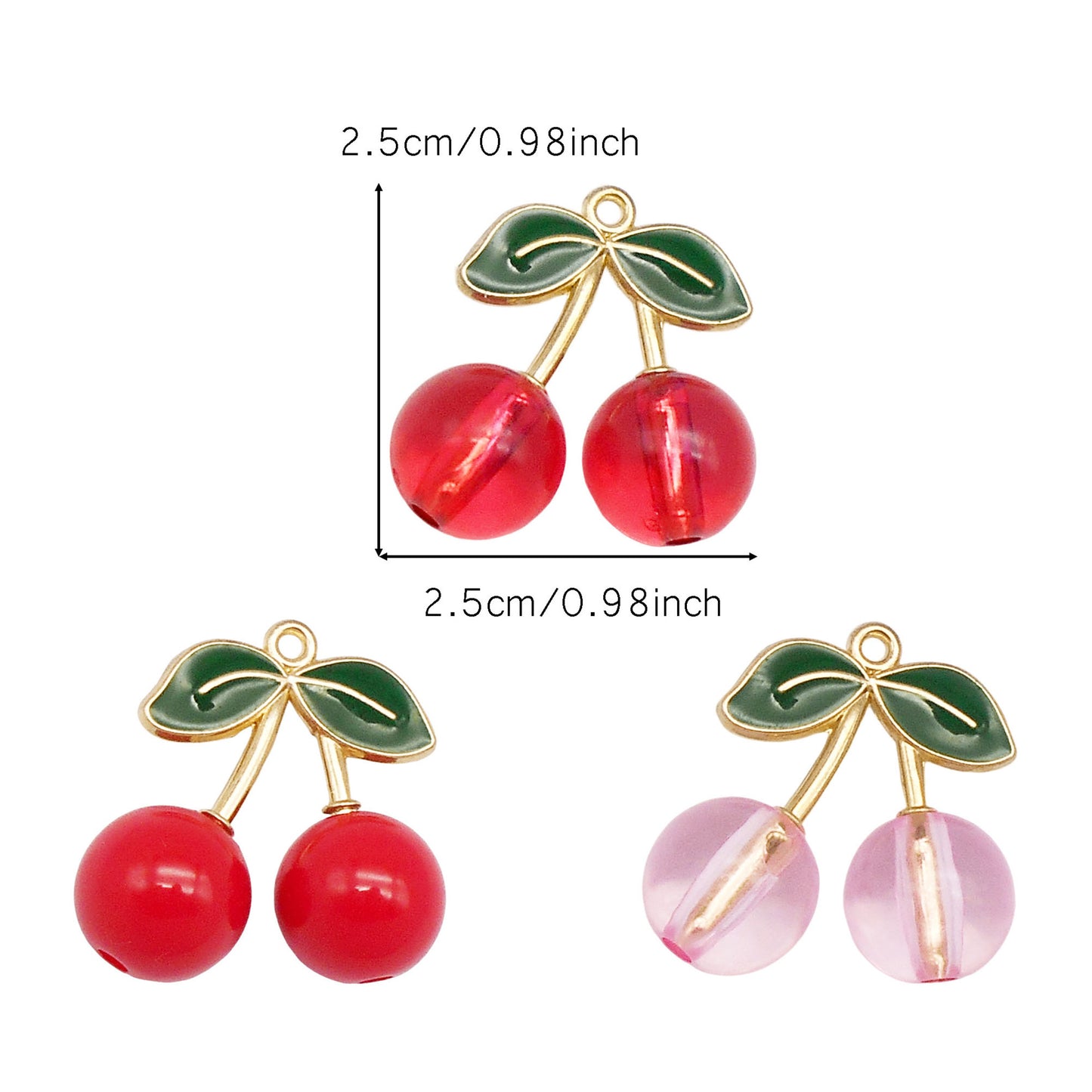 6pcs 25*25mm Acrylic Cherry Charms with Alloy Enamel Leaf 3D Fruit Pendants Fashion Jewelry Accessories for Necklace Bracelet Earring Making Keychains Shoes Bags Crafts Decor