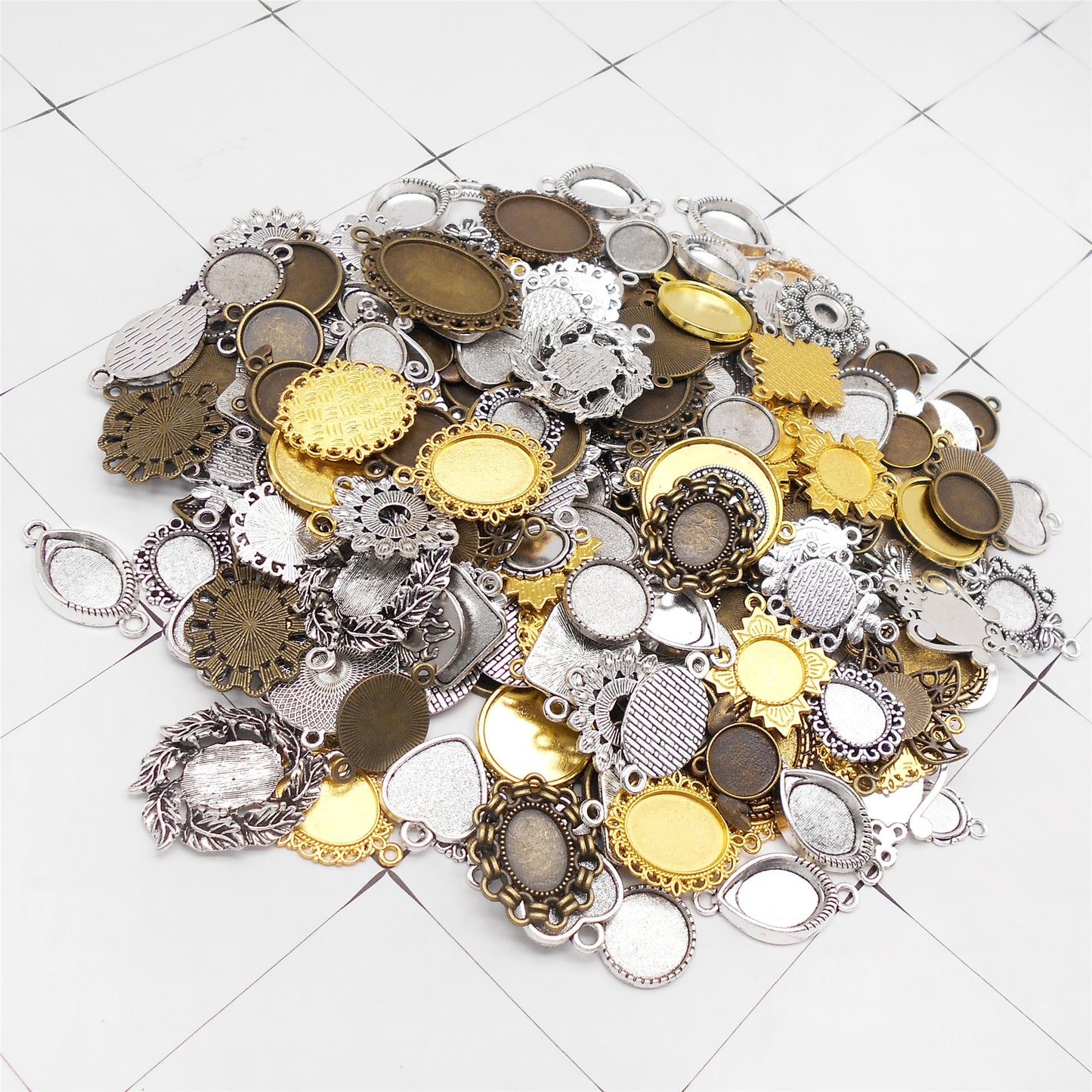 Mixed Alloy Base Blank Pendants Memorial Photo Gem Setting Tray Round & Square Bezel for DIY Jewelry Making Accessories 1-4.5cm
