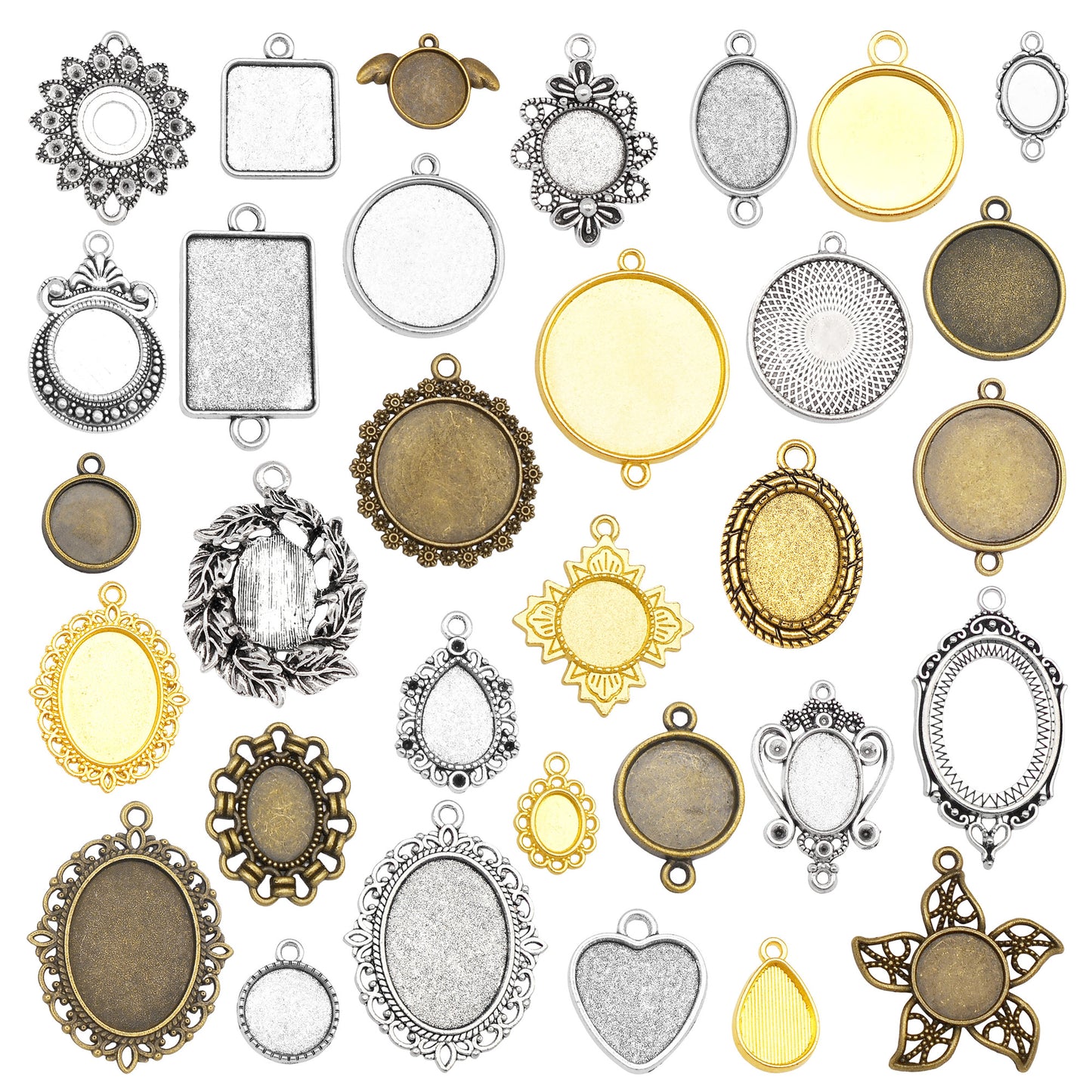 Mixed Alloy Base Blank Pendants Memorial Photo Gem Setting Tray Round & Square Bezel for DIY Jewelry Making Accessories 1-4.5cm