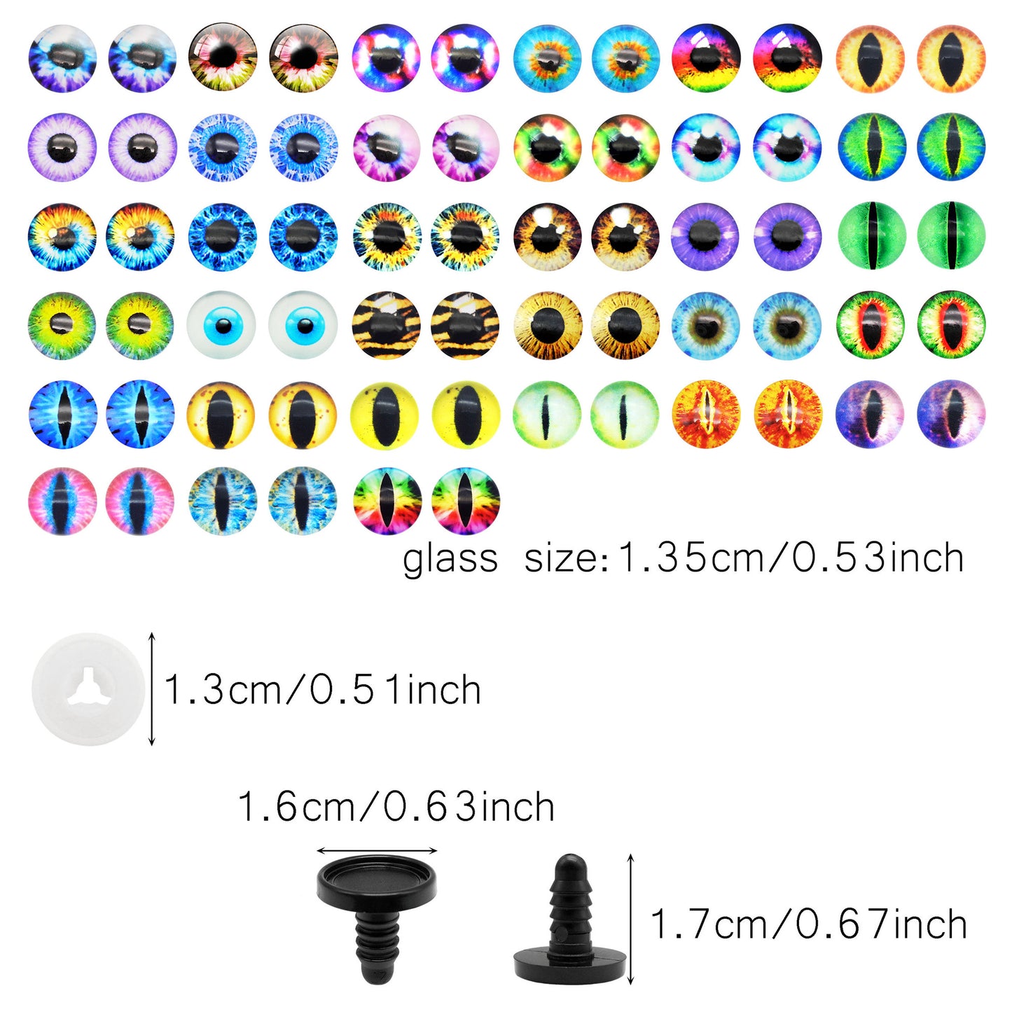 Animal Toy Eyes with Plastic Bases & Washers, Round & Vertical Pupils Evil Dragon Eyes Flat Back Cabochons Decorative Glass Cat Lizard Eyes for Doll Decor Jewelry Making DIY Crafts Supplies 8/9/12/13.5/16.2/21mm