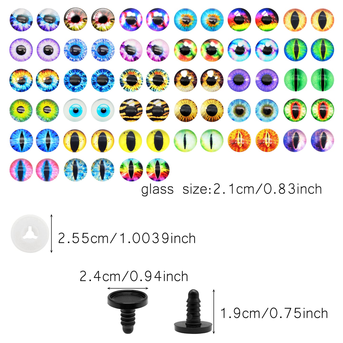 Animal Toy Eyes with Plastic Bases & Washers, Round & Vertical Pupils Evil Dragon Eyes Flat Back Cabochons Decorative Glass Cat Lizard Eyes for Doll Decor Jewelry Making DIY Crafts Supplies 8/9/12/13.5/16.2/21mm