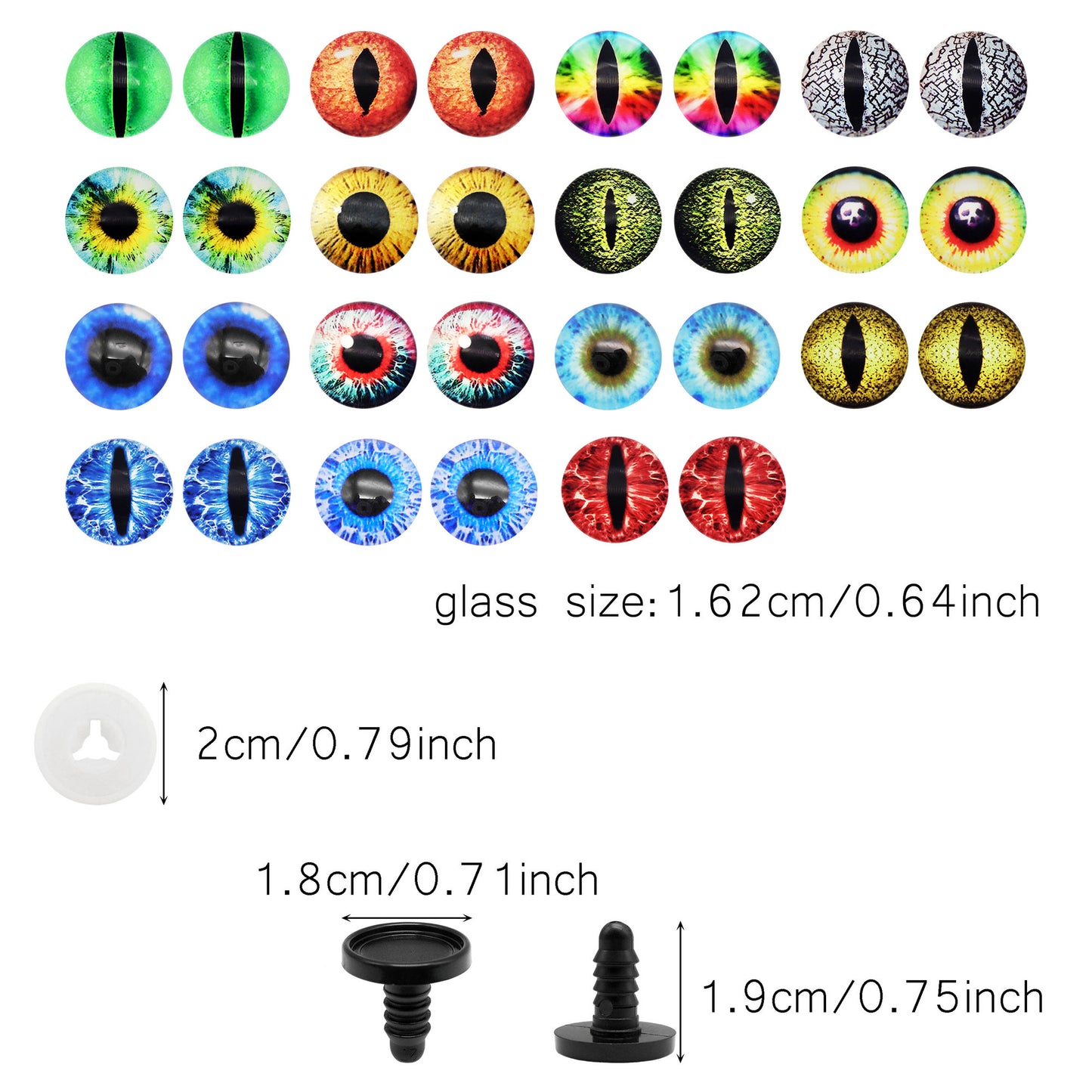 Animal Toy Eyes with Plastic Bases & Washers, Round & Vertical Pupils Evil Dragon Eyes Flat Back Cabochons Decorative Glass Cat Lizard Eyes for Doll Decor Jewelry Making DIY Crafts Supplies 8/9/12/13.5/16.2/21mm