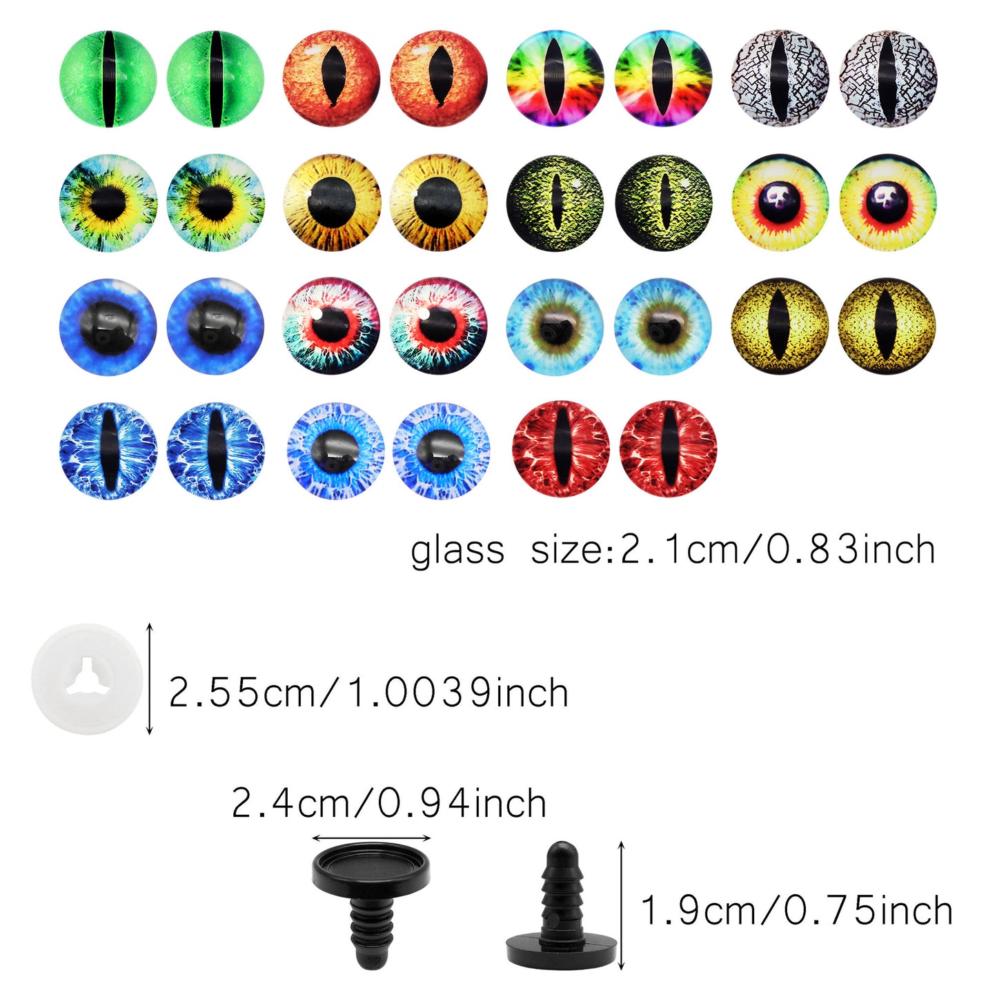 Animal Toy Eyes with Plastic Bases & Washers, Round & Vertical Pupils Evil Dragon Eyes Flat Back Cabochons Decorative Glass Cat Lizard Eyes for Doll Decor Jewelry Making DIY Crafts Supplies 8/9/12/13.5/16.2/21mm