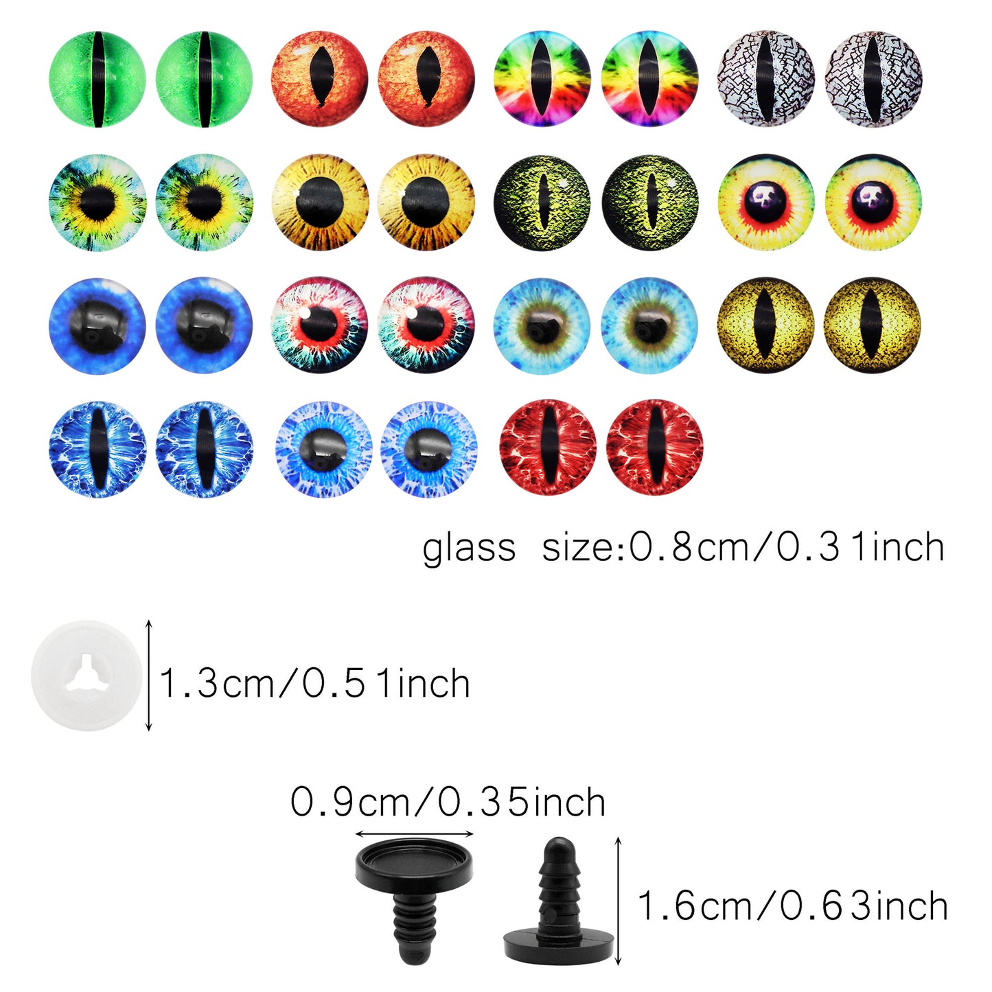 Animal Toy Eyes with Plastic Bases & Washers, Round & Vertical Pupils Evil Dragon Eyes Flat Back Cabochons Decorative Glass Cat Lizard Eyes for Doll Decor Jewelry Making DIY Crafts Supplies 8/9/12/13.5/16.2/21mm