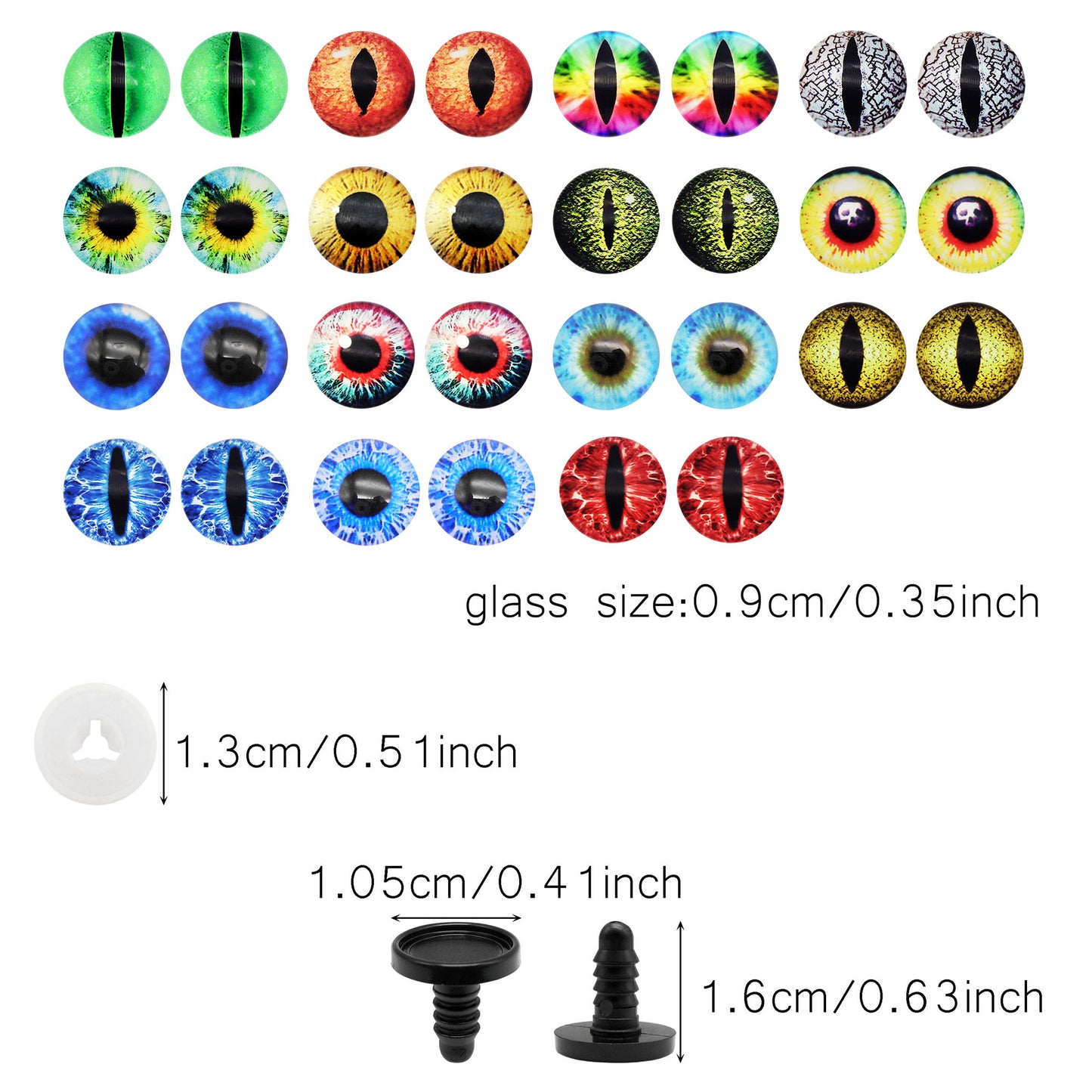 Animal Toy Eyes with Plastic Bases & Washers, Round & Vertical Pupils Evil Dragon Eyes Flat Back Cabochons Decorative Glass Cat Lizard Eyes for Doll Decor Jewelry Making DIY Crafts Supplies 8/9/12/13.5/16.2/21mm