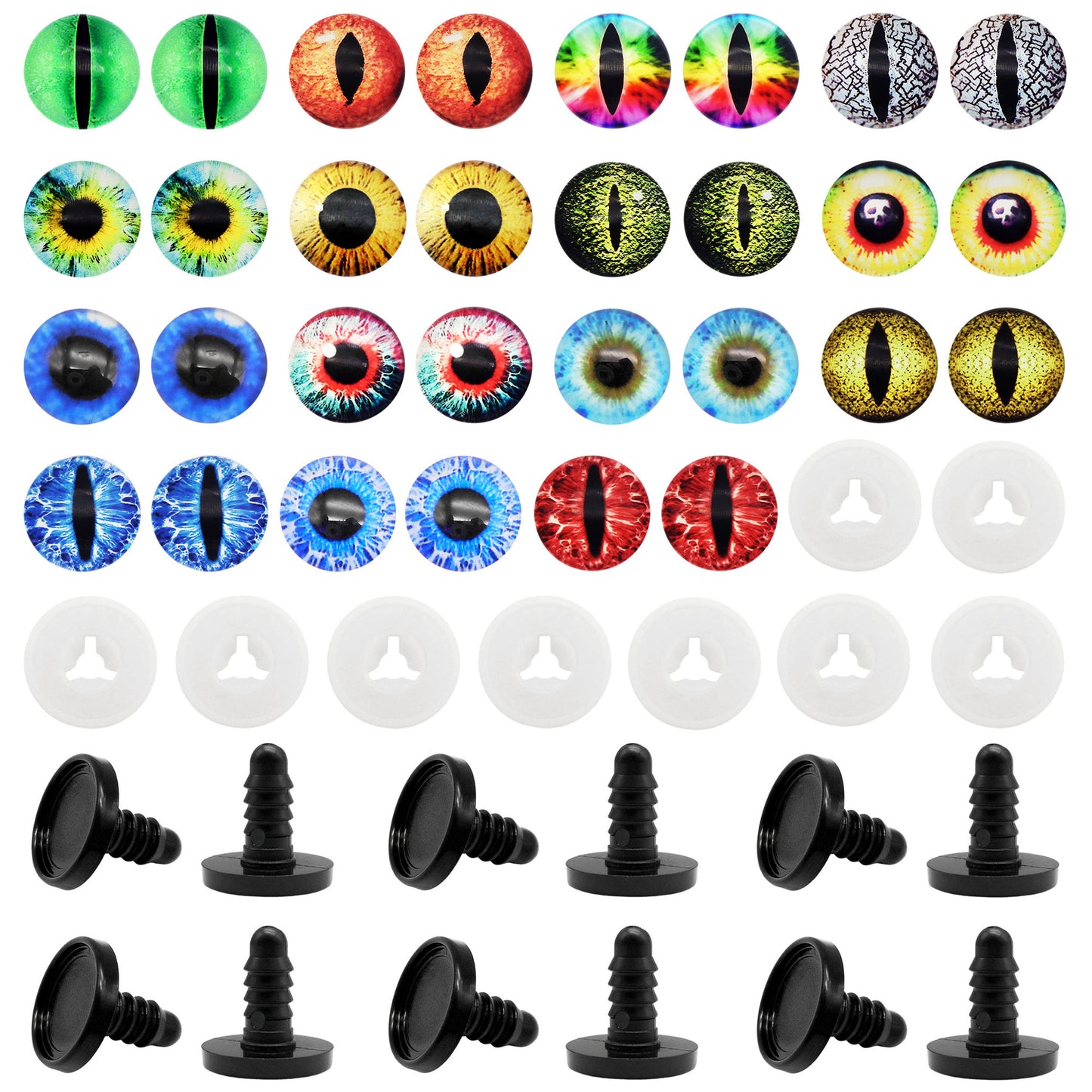 Animal Toy Eyes with Plastic Bases & Washers, Round & Vertical Pupils Evil Dragon Eyes Flat Back Cabochons Decorative Glass Cat Lizard Eyes for Doll Decor Jewelry Making DIY Crafts Supplies 8/9/12/13.5/16.2/21mm