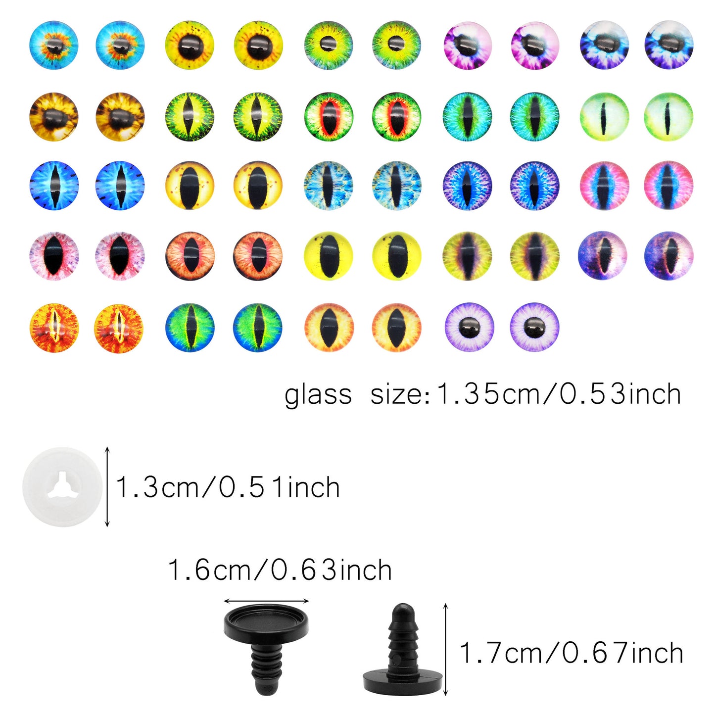 Animal Toy Eyes with Plastic Bases & Washers, Round & Vertical Pupils Evil Dragon Eyes Flat Back Cabochons Decorative Glass Cat Lizard Eyes for Doll Decor Jewelry Making DIY Crafts Supplies 8/9/12/13.5/16.2/21mm