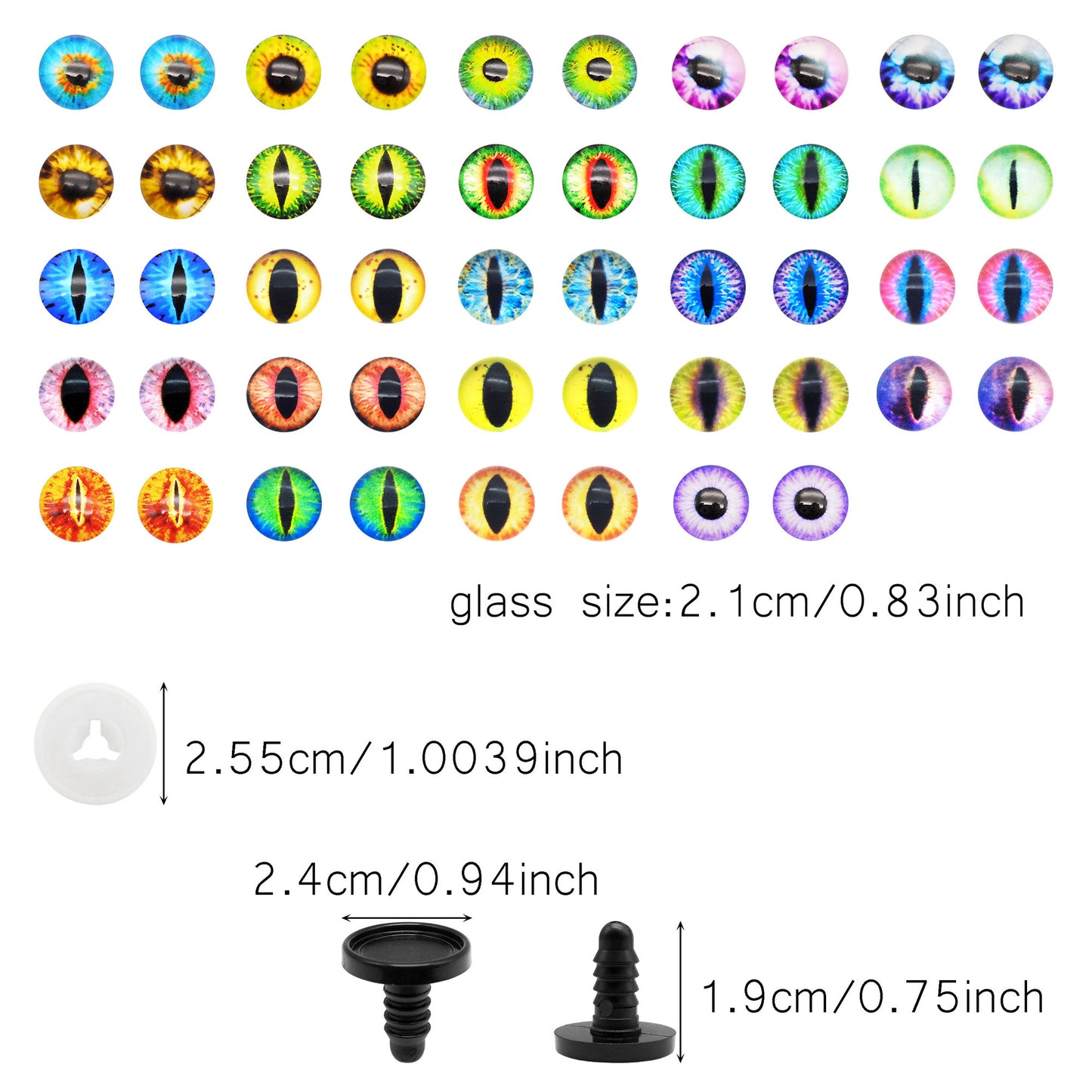 Animal Toy Eyes with Plastic Bases & Washers, Round & Vertical Pupils Evil Dragon Eyes Flat Back Cabochons Decorative Glass Cat Lizard Eyes for Doll Decor Jewelry Making DIY Crafts Supplies 8/9/12/13.5/16.2/21mm