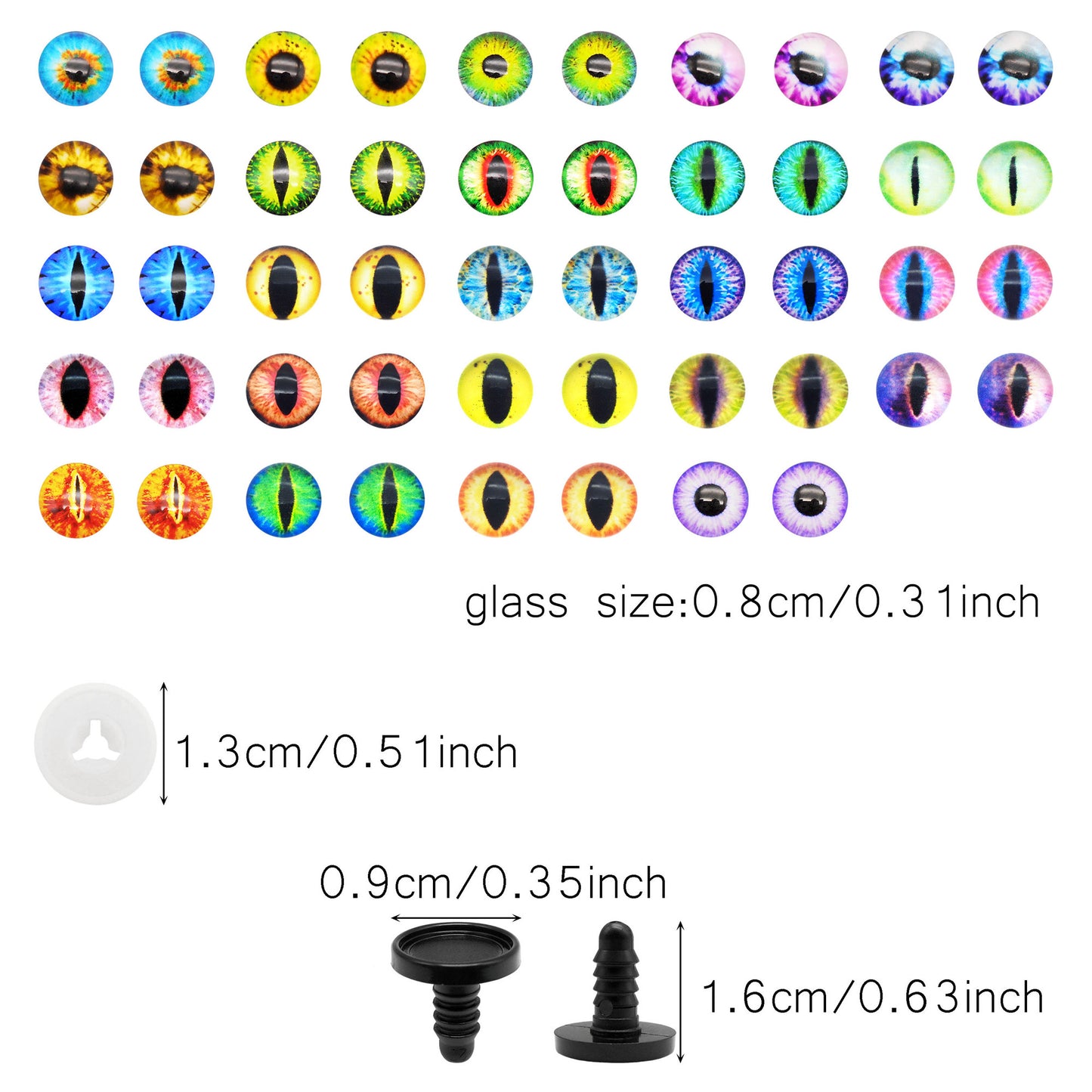 Animal Toy Eyes with Plastic Bases & Washers, Round & Vertical Pupils Evil Dragon Eyes Flat Back Cabochons Decorative Glass Cat Lizard Eyes for Doll Decor Jewelry Making DIY Crafts Supplies 8/9/12/13.5/16.2/21mm