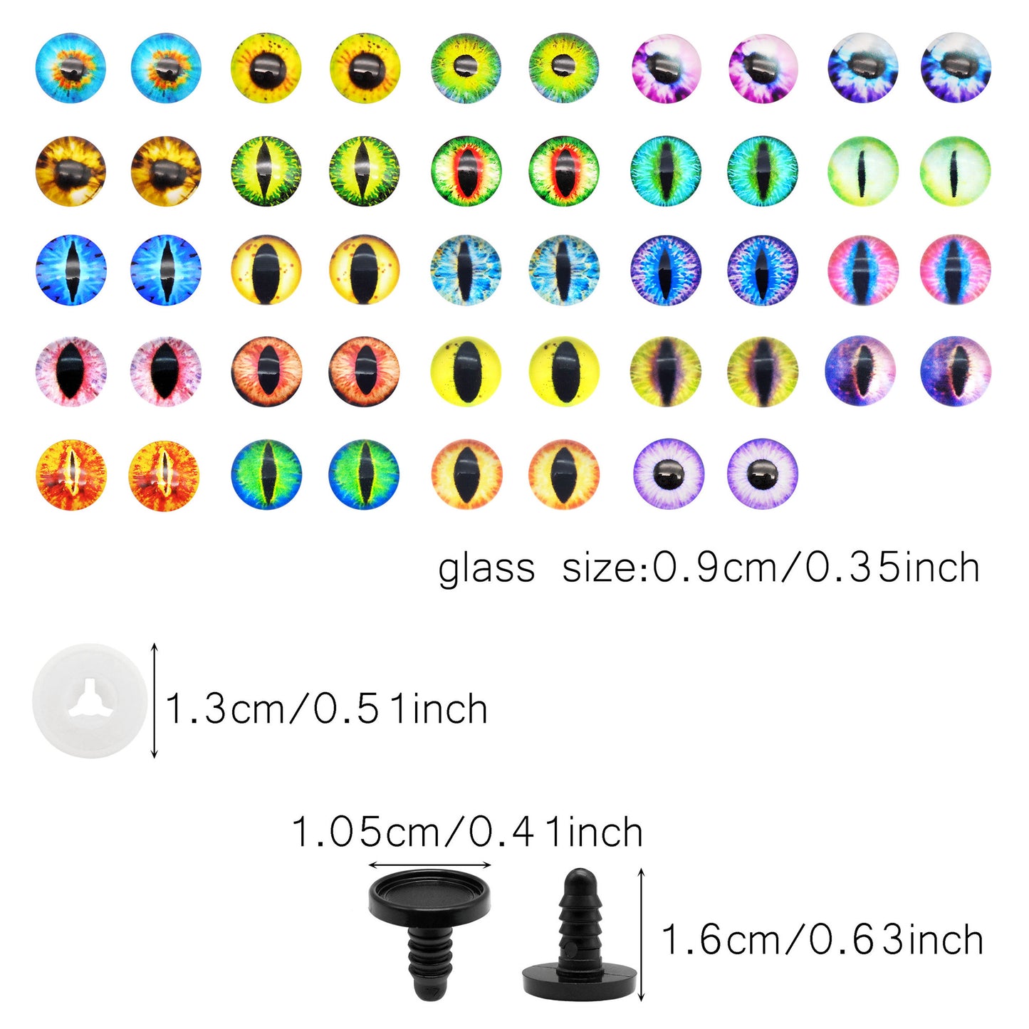 Animal Toy Eyes with Plastic Bases & Washers, Round & Vertical Pupils Evil Dragon Eyes Flat Back Cabochons Decorative Glass Cat Lizard Eyes for Doll Decor Jewelry Making DIY Crafts Supplies 8/9/12/13.5/16.2/21mm