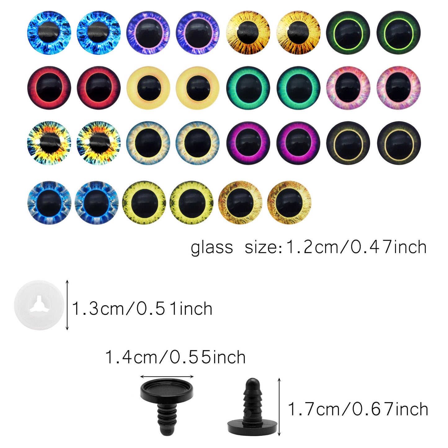 Animal Toy Eyes with Plastic Bases & Washers, Round & Vertical Pupils Evil Dragon Eyes Flat Back Cabochons Decorative Glass Cat Lizard Eyes for Doll Decor Jewelry Making DIY Crafts Supplies 8/9/12/13.5/16.2/21mm