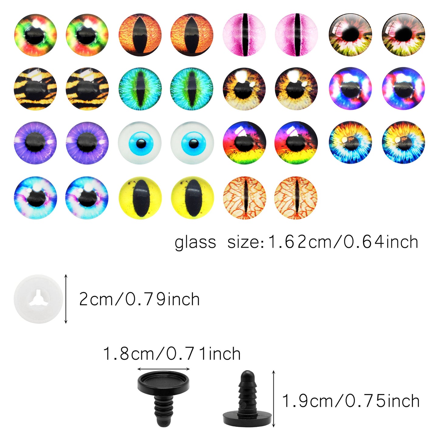 Animal Toy Eyes with Plastic Bases & Washers, Round & Vertical Pupils Evil Dragon Eyes Flat Back Cabochons Decorative Glass Cat Lizard Eyes for Doll Decor Jewelry Making DIY Crafts Supplies 8/9/12/13.5/16.2/21mm