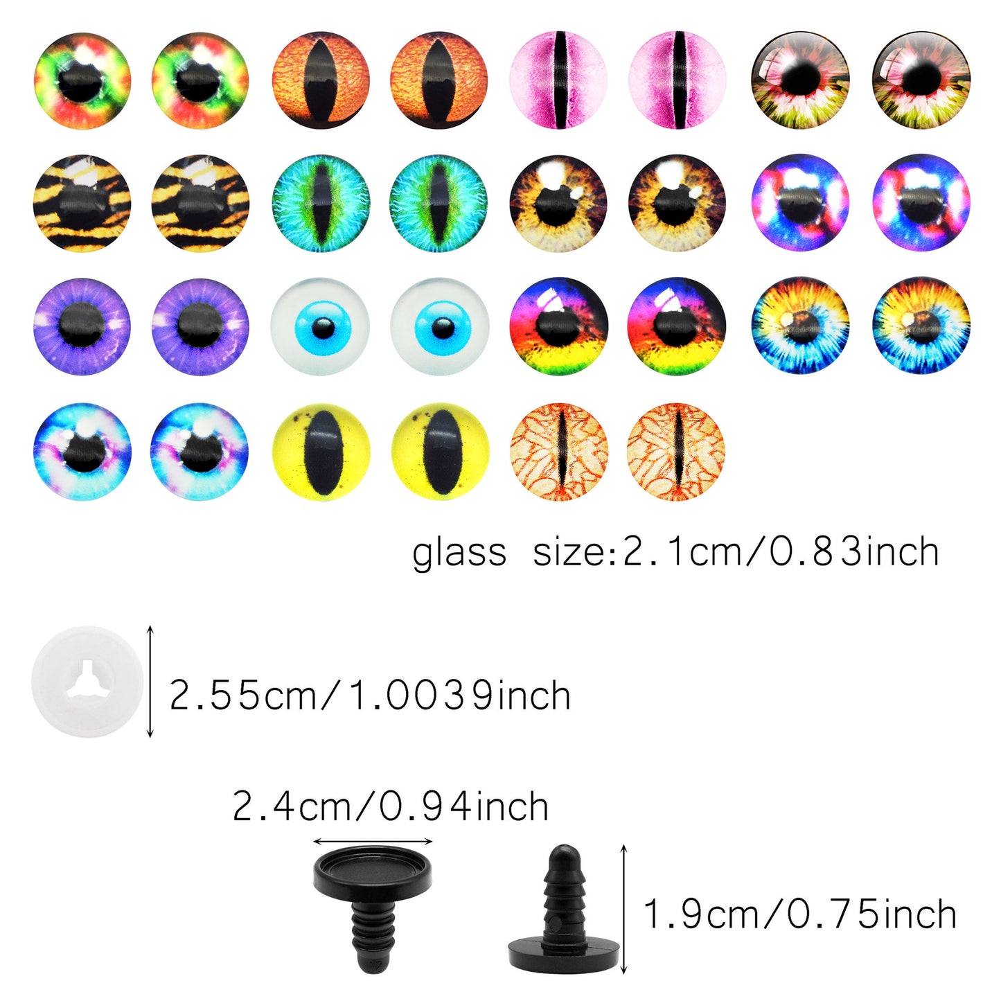 Animal Toy Eyes with Plastic Bases & Washers, Round & Vertical Pupils Evil Dragon Eyes Flat Back Cabochons Decorative Glass Cat Lizard Eyes for Doll Decor Jewelry Making DIY Crafts Supplies 8/9/12/13.5/16.2/21mm