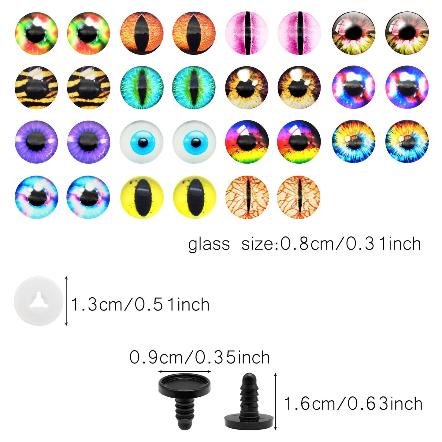 Animal Toy Eyes with Plastic Bases & Washers, Round & Vertical Pupils Evil Dragon Eyes Flat Back Cabochons Decorative Glass Cat Lizard Eyes for Doll Decor Jewelry Making DIY Crafts Supplies 8/9/12/13.5/16.2/21mm