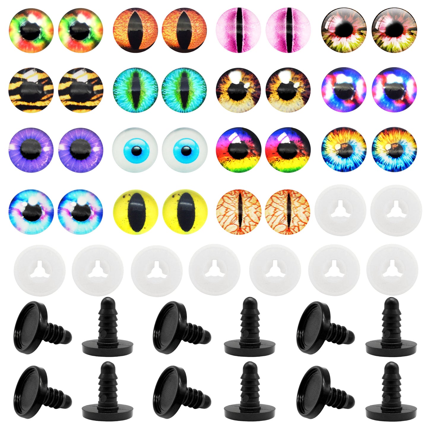 Animal Toy Eyes with Plastic Bases & Washers, Round & Vertical Pupils Evil Dragon Eyes Flat Back Cabochons Decorative Glass Cat Lizard Eyes for Doll Decor Jewelry Making DIY Crafts Supplies 8/9/12/13.5/16.2/21mm