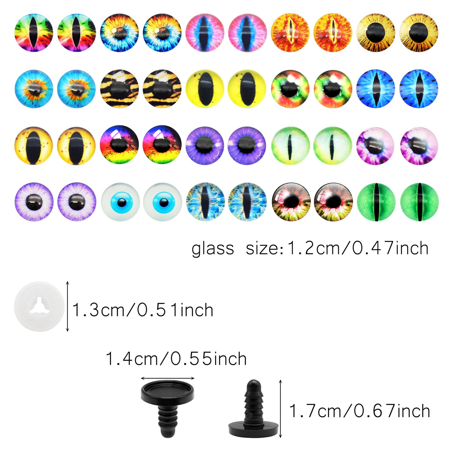 Animal Toy Eyes with Plastic Bases & Washers, Round & Vertical Pupils Evil Dragon Eyes Flat Back Cabochons Decorative Glass Cat Lizard Eyes for Doll Decor Jewelry Making DIY Crafts Supplies 8/9/12/13.5/16.2/21mm