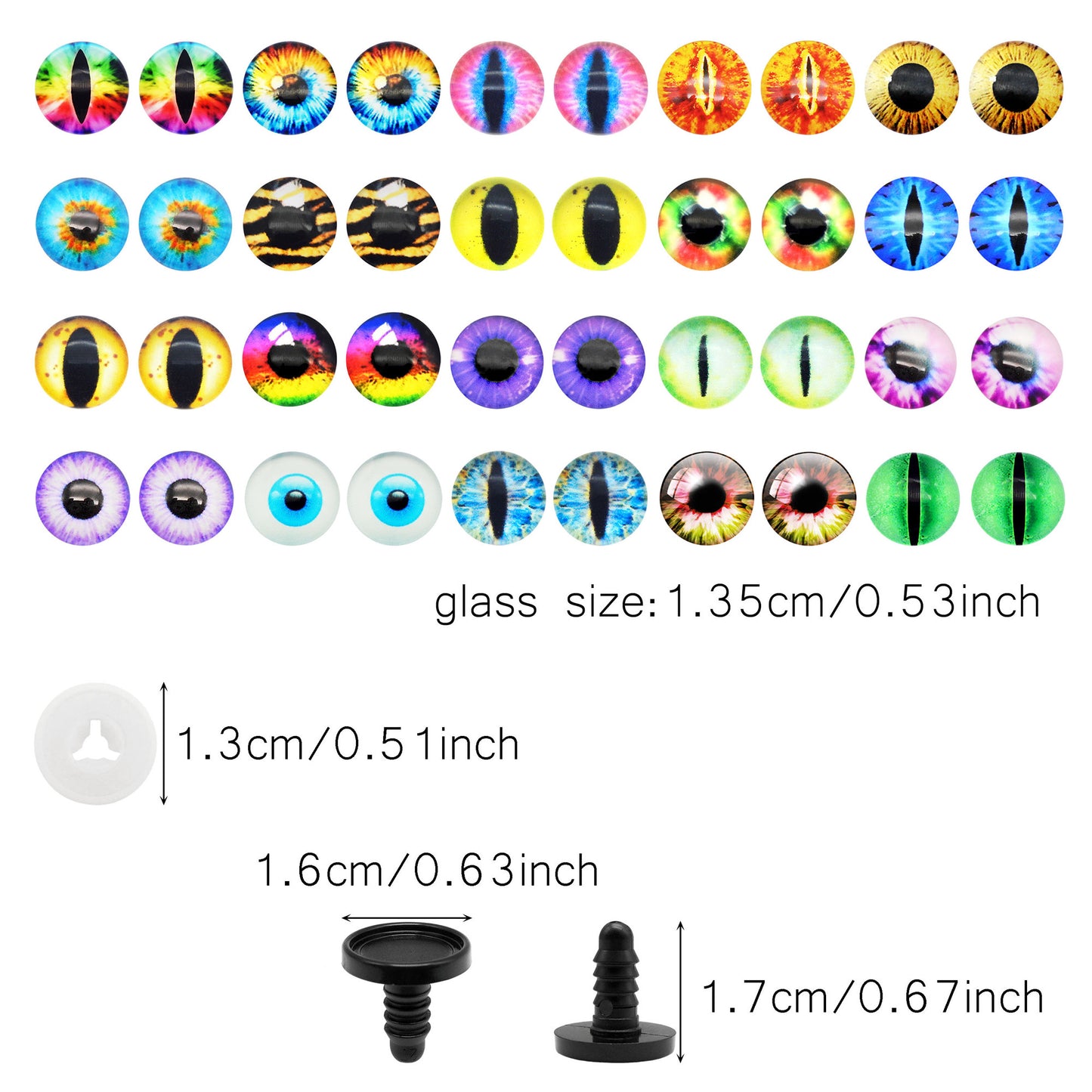 Animal Toy Eyes with Plastic Bases & Washers, Round & Vertical Pupils Evil Dragon Eyes Flat Back Cabochons Decorative Glass Cat Lizard Eyes for Doll Decor Jewelry Making DIY Crafts Supplies 8/9/12/13.5/16.2/21mm
