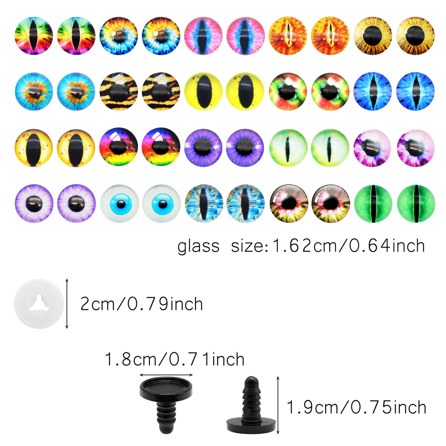 Animal Toy Eyes with Plastic Bases & Washers, Round & Vertical Pupils Evil Dragon Eyes Flat Back Cabochons Decorative Glass Cat Lizard Eyes for Doll Decor Jewelry Making DIY Crafts Supplies 8/9/12/13.5/16.2/21mm