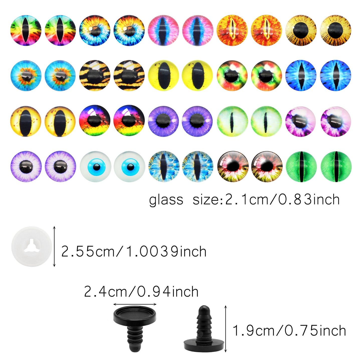 Animal Toy Eyes with Plastic Bases & Washers, Round & Vertical Pupils Evil Dragon Eyes Flat Back Cabochons Decorative Glass Cat Lizard Eyes for Doll Decor Jewelry Making DIY Crafts Supplies 8/9/12/13.5/16.2/21mm