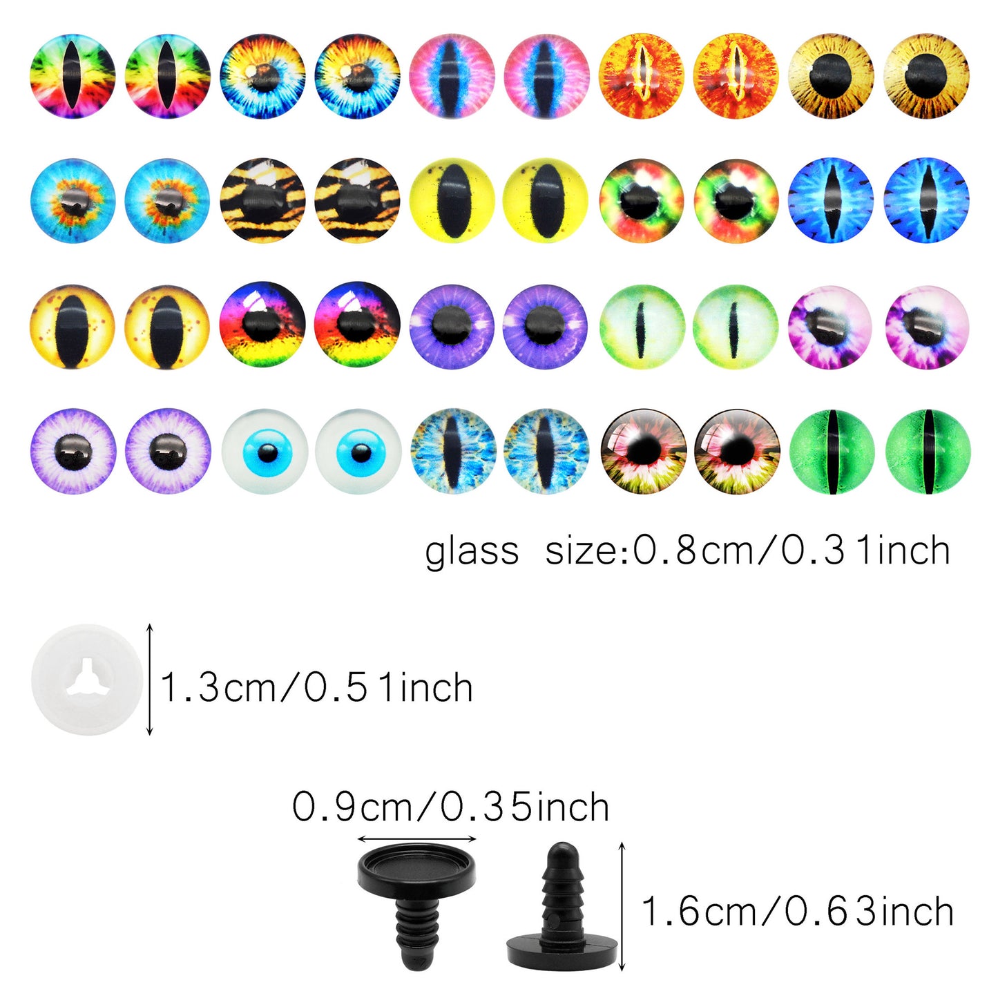 Animal Toy Eyes with Plastic Bases & Washers, Round & Vertical Pupils Evil Dragon Eyes Flat Back Cabochons Decorative Glass Cat Lizard Eyes for Doll Decor Jewelry Making DIY Crafts Supplies 8/9/12/13.5/16.2/21mm