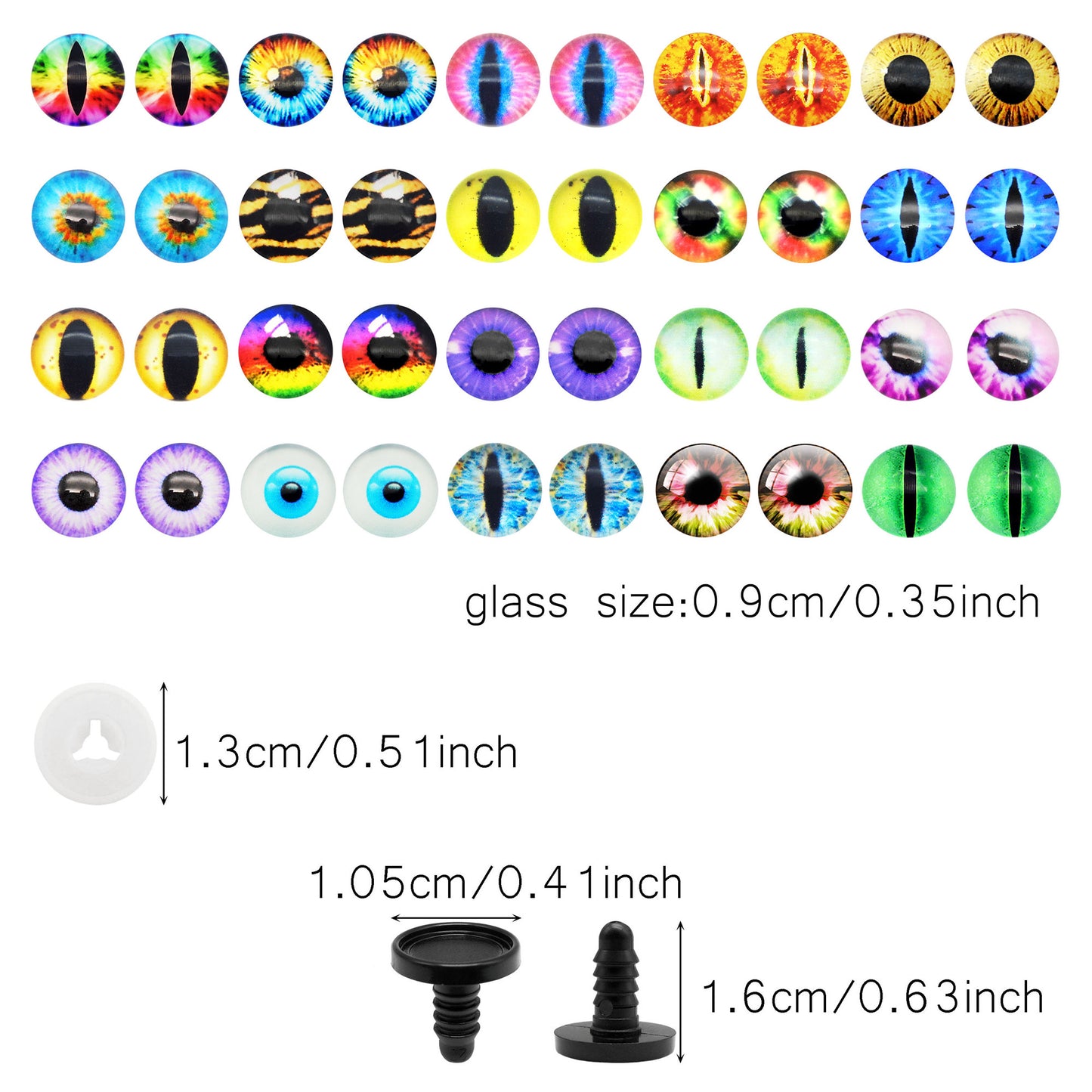 Animal Toy Eyes with Plastic Bases & Washers, Round & Vertical Pupils Evil Dragon Eyes Flat Back Cabochons Decorative Glass Cat Lizard Eyes for Doll Decor Jewelry Making DIY Crafts Supplies 8/9/12/13.5/16.2/21mm