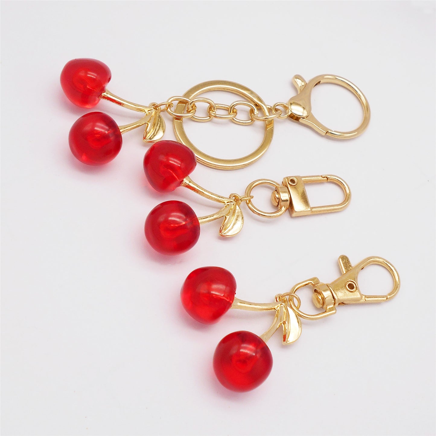 1 Piece Acrylic Cherry Charm with Alloy Leaf 3D Fruit Pendant Keychains Dangle Bags Clothes Purses Hanging Decoration Jewelry Making Supplies