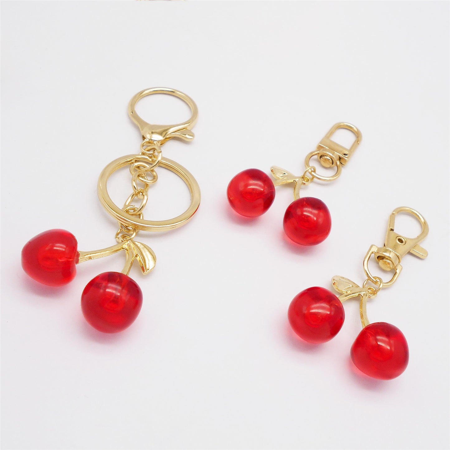 1 Piece Acrylic Cherry Charm with Alloy Leaf 3D Fruit Pendant Keychains Dangle Bags Clothes Purses Hanging Decoration Jewelry Making Supplies